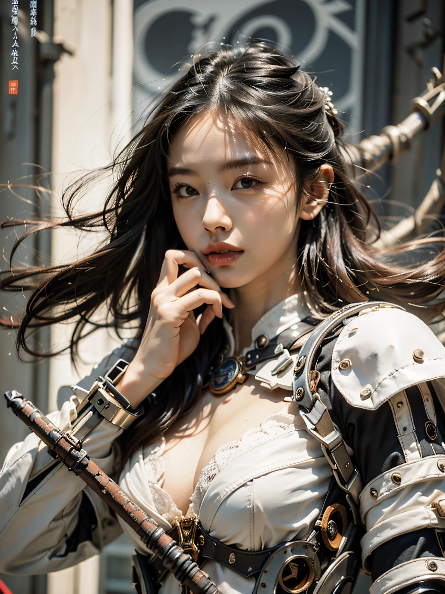 Best quality at best,tmasterpiece,超高分辨率,(真实感:1.4),The sword,Detailed details,1girll,Combat posture,cleavage,a beauty girl,Hand-held weapons,mechs,A mechanical,ellegance,Clear focus,gentlesoftlighting,vivd colour,tmasterpiece,