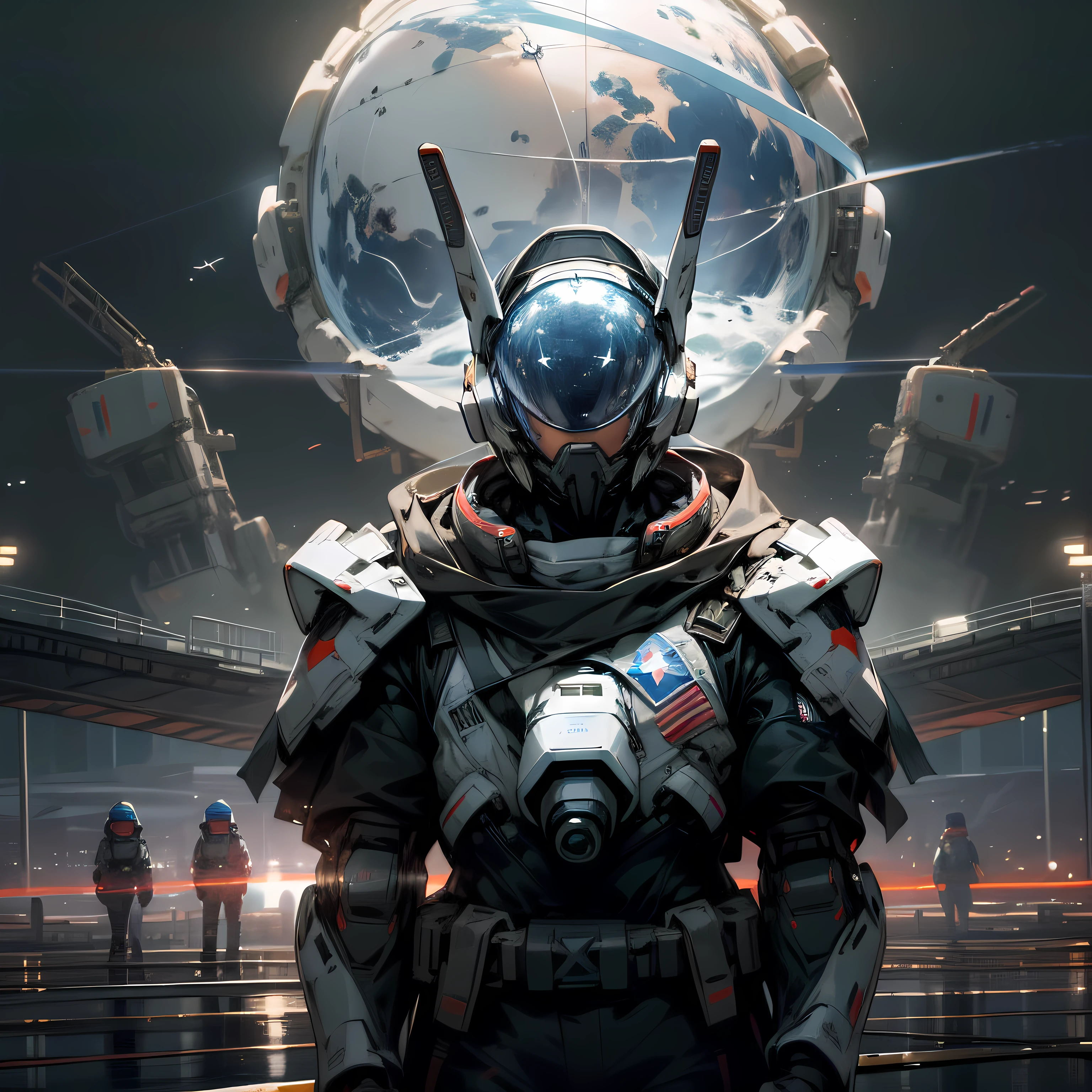 (hiquality),Russian space flag,Roscosmos,Earth's orbit,International Space Station,Cyber soldiers in space armor on the parade ground,Gloomy lighting,helmets in plain sight. --auto