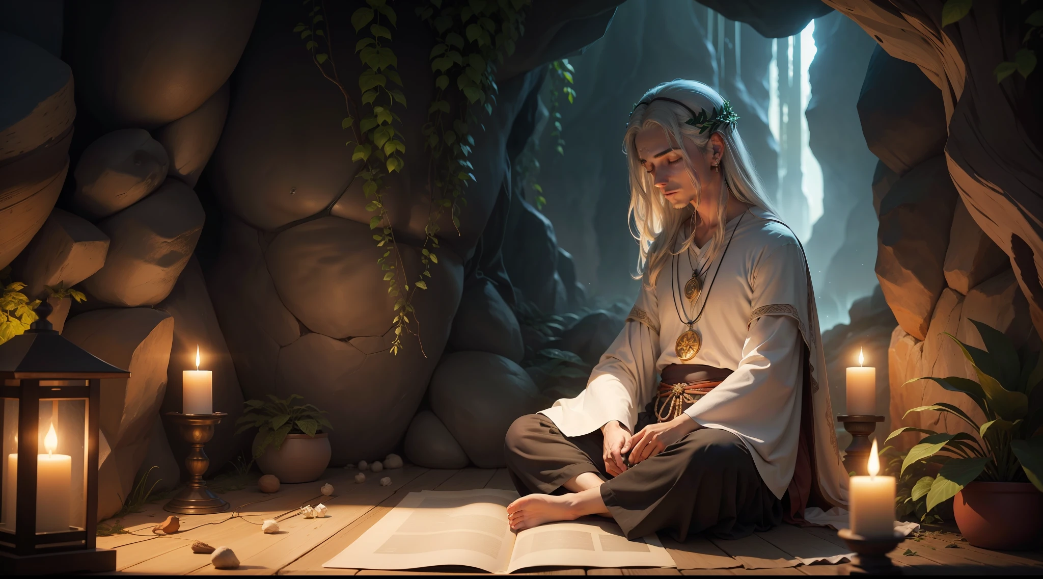 The sage is a venerable figure, envolta em um manto simples e desgastado, witness of the time and experiences he lived. His wrinkled face is marked by the lines of wisdom accumulated over the years, transmitindo uma serenidade profunda.
Seus cabelos grisalhos e longos caem suavemente sobre seus ombros, reflecting the passage of time and the connection with nature. His eyes are calm and compassionate., revealing a deep knowledge and transcendental understanding of the world around you.
The sage lives in a secluded cave, a refuge from the hustle and bustle of the outside world. The entrance to the cave is adorned with vines and lush plants, criando uma atmosfera de harmonia com a natureza circundante.
No interior da caverna, a luz fraca penetra pelas frestas rochosas, creating a soft and welcoming lighting. The atmosphere is quiet and quiet, interrupted only by the soft sound of water dripping from a nearby stalactite.
Em um canto da caverna, There is a carpet of straw and animal skin, where the sage sits in deep meditation. His posture is erect, mas relaxada, enquanto ele se conecta com o mundo interior, plunging into a state of tranquility and contemplation.
Around the Sage, Small altars and sacred artifacts are carefully arranged, symbolizing the spiritual journey and reverence for cosmic forces. Incensos perfumados queimam lentamente, filling the air with a mystical and purifying fragrance.
The wise live in harmony with nature, encontrando sabedoria nos elementos ao seu redor. He is a keen observer of the cycles of life, conectando-se com a energia da terra, do ar, of fire and water. His presence is a tangible manifestation of the search for universal truth and connection to the divine.
The wisdom of the wise is sought after by many, and those who encounter it are received with compassion and loving guidance. His words are loaded with depth and meaning, emanando uma clareza espiritual que toca as almas daqueles que bus --auto