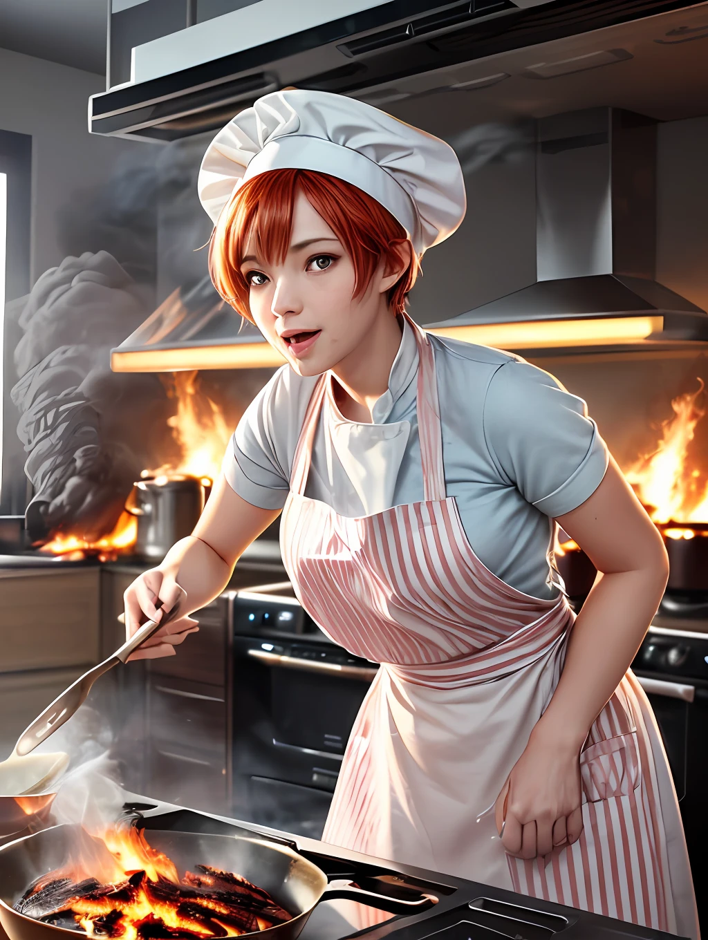 A Cooking disaster theme, Chaos scene background, (((Burning Kitchen Room, Exploding pot, thick billowing smoke, spilled pan))), BREAK, 1girl, lovely and beautiful, cold smile, chill, white-orange mix color hair, short hair, apron with chef hat, kitchen, modern kitchen, is cooking and preparing some pasta, ((Masterpiece, CG Illustration, Best quality, Ultra absurdres,hyper-detailed:1.3)), 8k unity wallpaper, highres CG post production