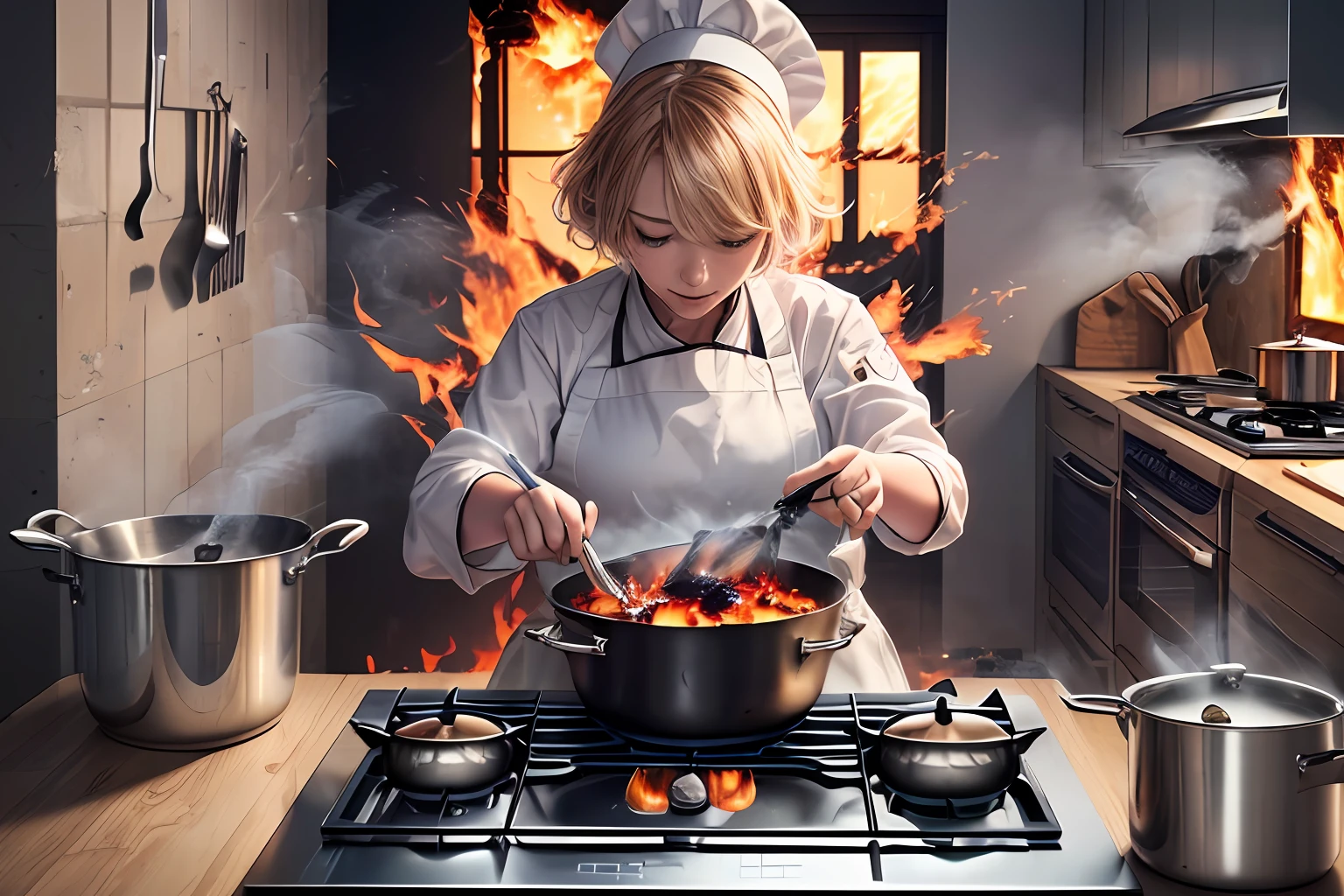 A Cooking disaster theme, Chaos scene background, (((Burning Kitchen Room, Exploding pot, flame, fire, Thick billowing smoke, Spilled pan))), BREAK, 1girl, lovely and beautiful, cold smile, chill, white-orange mix color hair, short hair, apron with chef hat, kitchen, modern kitchen, is cooking and preparing some pasta,   ((Masterpiece, CG Illustration, Best quality, Ultra absurdres,hyper-detailed:1.3)), 8k unity wallpaper, highres CG post production