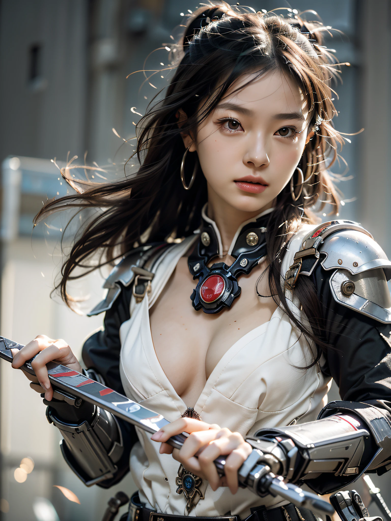 Best quality at best,tmasterpiece,超高分辨率,(真实感:1.4),The sword,Detailed details,1girll,Combat posture,cleavage,a beauty girl,Hand-held weapons,mechs,A mechanical,ellegance,Clear focus,gentlesoftlighting,vivd colour,tmasterpiece,