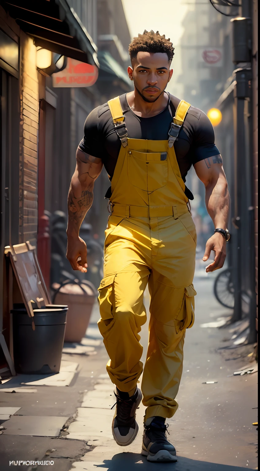 (
(Character: one afro-american man, military, short hair, (athletic body))
(Clothing: yellow mechanic overalls)
(Pose: full body shot:1.7, walking)
(Background: dark alley at night:1.3, intense urban lights in background, yellow color scheme)
(Style: ((masterpiece:1.5)), (face detailed), photo-realistic:1.3, hyperrealistic, film grain, realistic lighting, backlighting:1.3),(sfw)
)