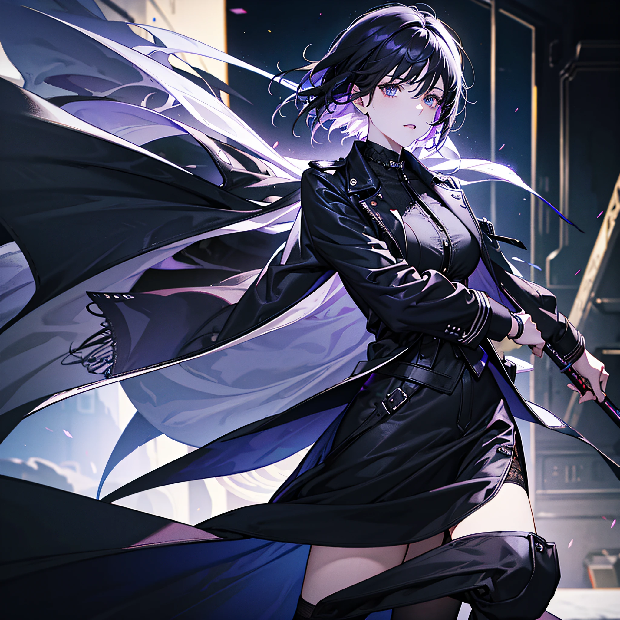 ,Reclining posture,Tired, exhale,Handsome,Short messy hair,Black-purple hair, Heterochromia,girls,Purple eye,Black leather trench coat,Long black leather shoes,white under lingerie,finedetail,Jay's,offcial art,CG,k hd,SENSE OF CINEMA,stage,singers,Yellow light,stunning art,illustration,rendering by octane,ssmile,Epic,