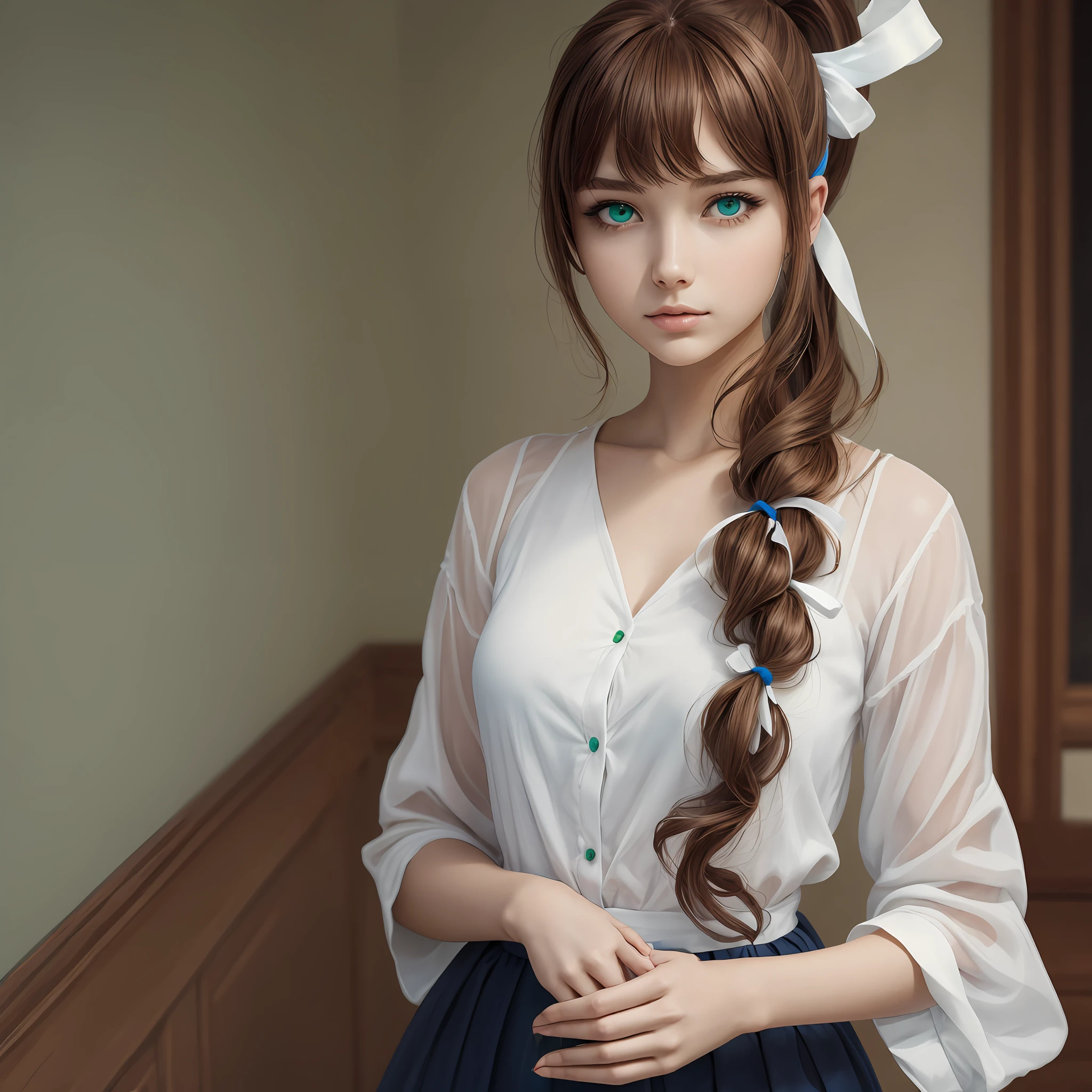 highres, HD quality, (best quality), ((masterpiece)), vibrant colors, woman, 24 years old, adult, perfect hands, beatiful hands, detail, monika, green eyes, brown hair, very long hair, ponytail, hair ribbon, white ribbon