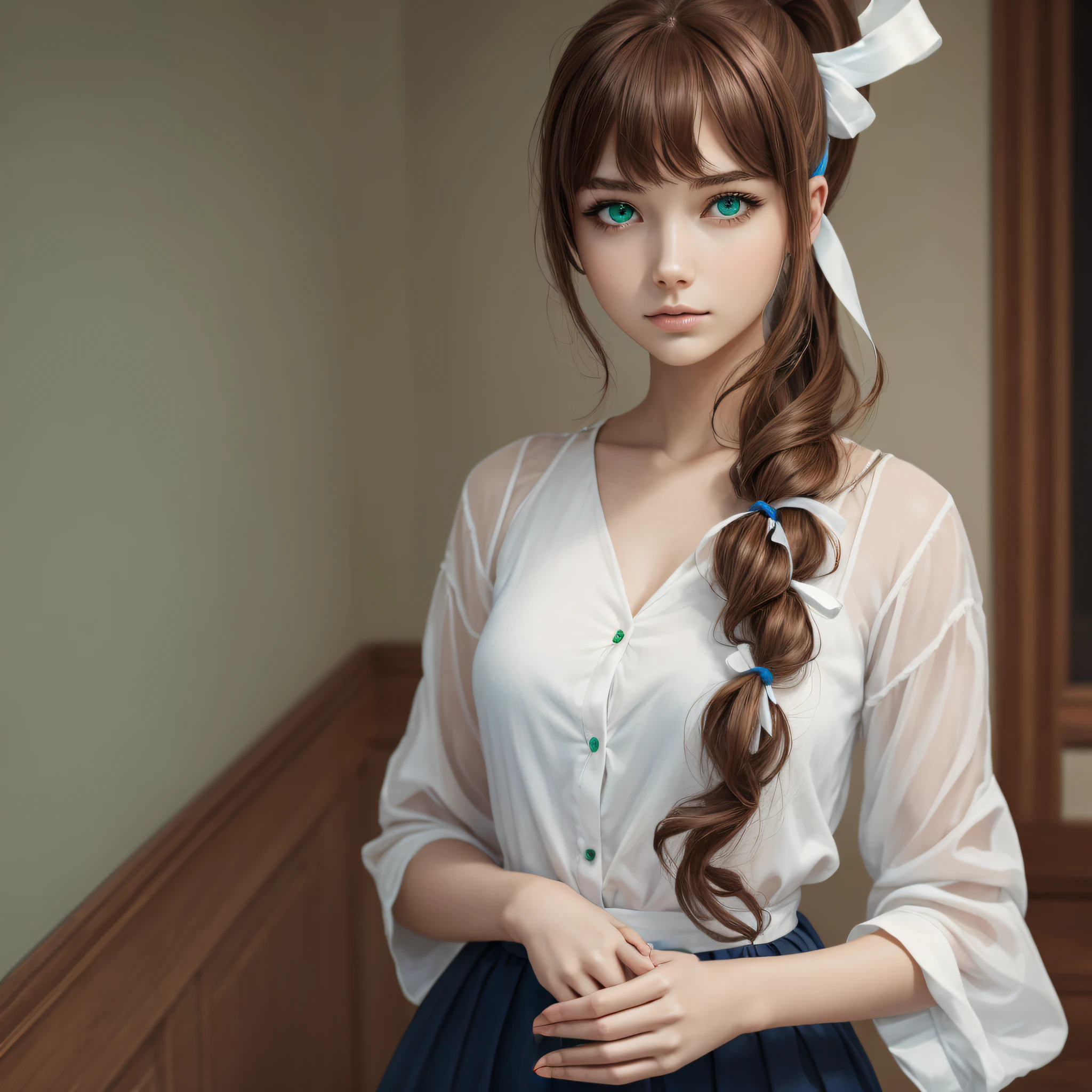 highres, HD quality, (best quality), ((masterpiece)), vibrant colors, woman, 24 years old, adult, perfect hands, beatiful hands, detail, monika, green eyes, brown hair, very long hair, ponytail, hair ribbon, white ribbon