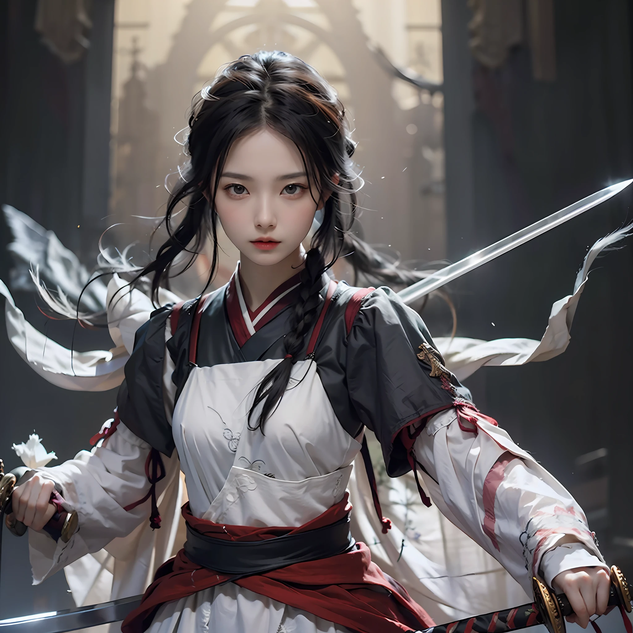 tmasterpiece,Best quality at best,Photorealsitic,1girll,With a sword,Full body photo