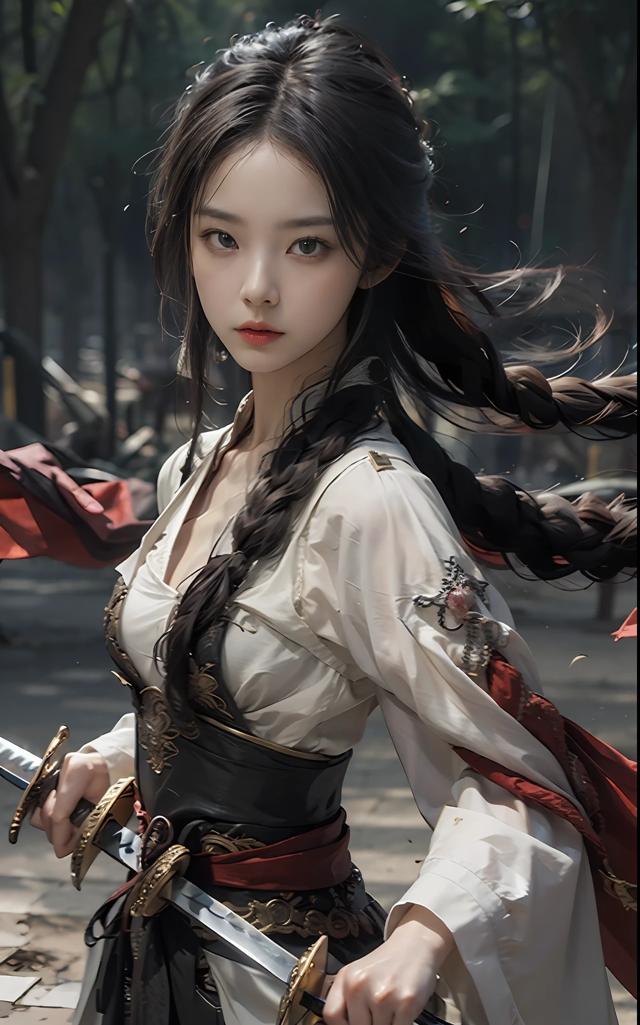 masterpiece, best quality, photorealistic ,1girl, holding sword,