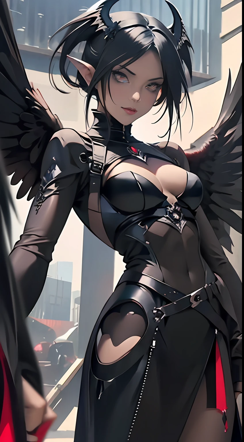 villainess has black angel wings, angel knight gothic girl, raven winged female vampire, dark feathered wings, beautiful cyborg angel girl, angel with black wings, Dark Angel, beautiful and seductive anime woman, a beautiful succubus, gothic maiden anime girl, Art germ. anime illustration,Sexy clothes