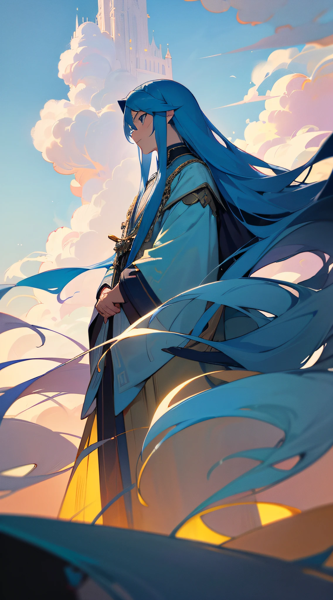 Vaguely,Just around the corner,It was as if there was a majestic palace,Under this soft glow, It is illusory and real。A man with long blue hair stood quietly among the clouds,Looking into the endless distance,I don't know what I'm looking at。
