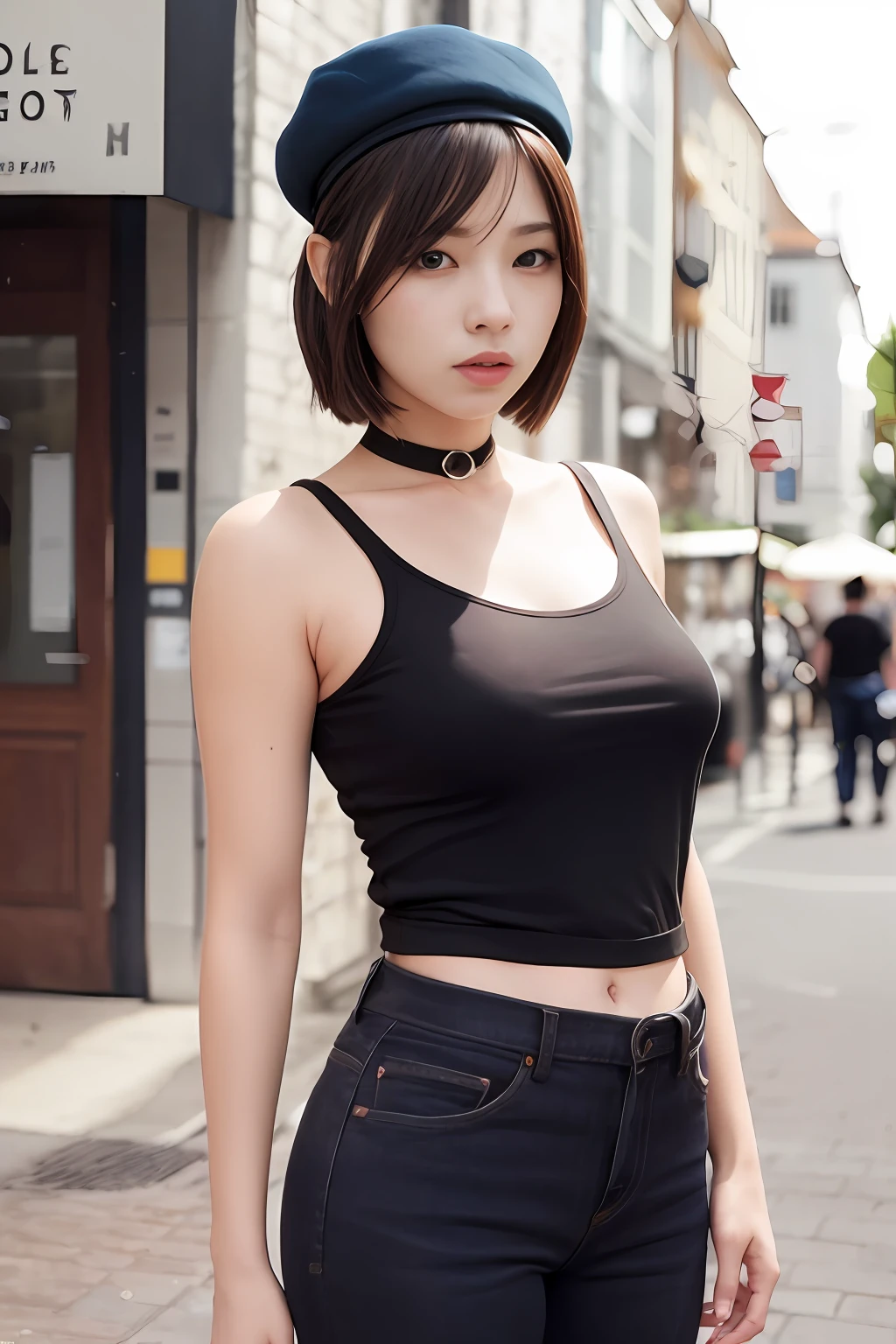 apinkhayoung, urban, streets, (day:1.1), RAW,(8k, best quality, masterpiece:1.2),(intricate details:1.4),(photorealistic:1.4),octane render, complex 3d render ultra detailed, studio soft light, rim light, vibrant details, ultra detailed, realistic skin texture, detailed face, beautiful detailed eyes, extremely detailed CG unity 8k wallpaper, makeup, (detailed background:1.2), (cowboy shot:1.2),(perfect anatomy:1.2),(wide hip:1.1),(black t-shirt, pants, choker, beret:1.2),
