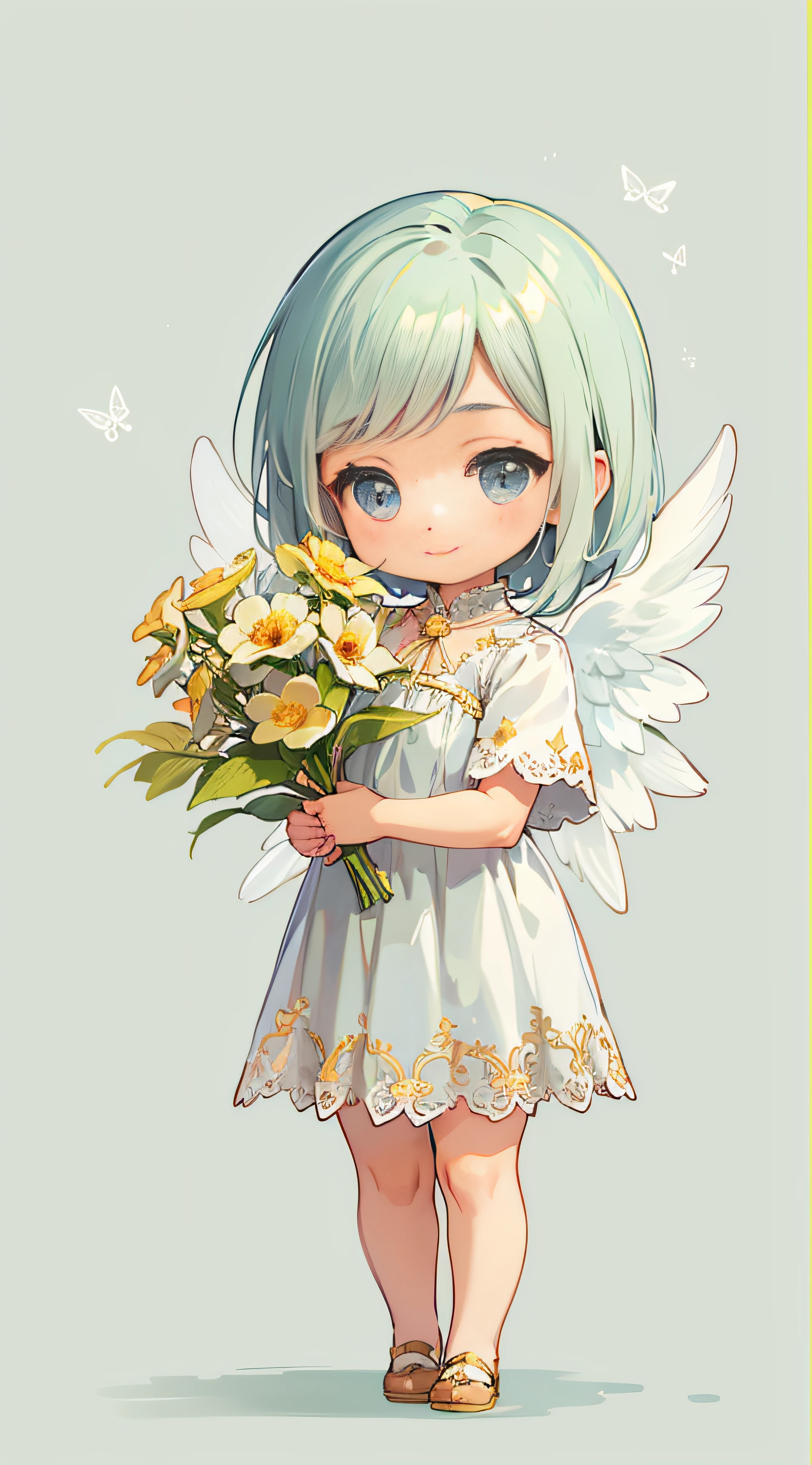 Little Angel, estilo chibi, With angel wings, Gentle smile, holding a flower, Vintage Long Dresses、colorfull dress, Isolated on plain white background, Show full body