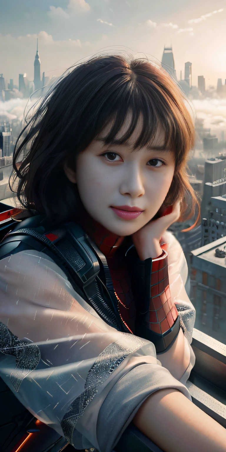 (1girl:1.3), Solo, (((Very detailed face)))), ((Very detailed eyes and face)))), Beautiful detail eyes, Body parts__, Official art, Unified 8k wallpaper, Super detailed, beautiful and beautiful, beautiful, masterpiece, best quality, original, masterpiece, super fine photo, best quality, super high resolution, realistic realism, sunlight, full body portrait, amazing beauty, dynamic pose, delicate face, vibrant eyes, (from the front), She wears Spider-Man suit, red and black color scheme, spider, very detailed city roof background, rooftop, overlooking the city, detailed face, detailed complex busy background, messy, gorgeous, milky white, highly detailed skin, realistic skin details, visible pores, clear focus, volumetric fog, 8k uhd, DSLR, high quality, film grain, fair skin, photo realism, lomography, futuristic dystopian megalopolis, translucent