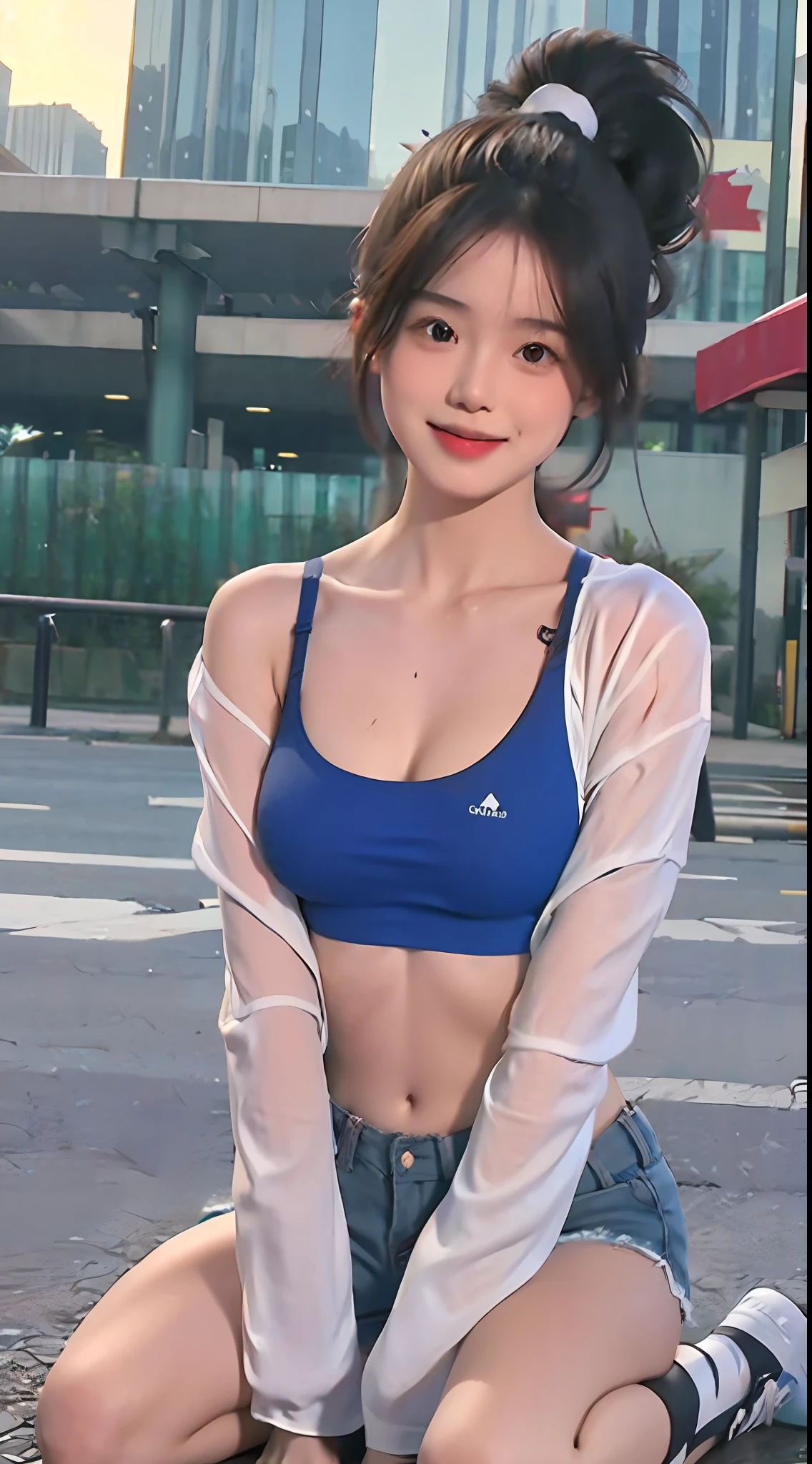 A girl, kneeling on the playground after school, ((full body visible)), far away from viewer.
She is a beautiful, pretty, adorable, cute, young, .
She is slim, slender, petite, skinny, (flat chest), (tiny boobs), (small breasts).
She is sweating, wet, soaked. Clothes transparent, sweat on skin, wet hair.
She is grinning, smiling. She looks natural, relaxed, unpretentious.
Trickery face. Making funny faces. (Tongue sticking out), telling a secret, hiding a secret, shy, excited.
She stares, looking at viewer.
She has a black ponytail.
She wears school uniform, a rolled-up white shirt with blue collar,(a colored Corduroy sport bra under shirt), blue shorts, wearing two layers.
shirtlift, . (((She lifts up her shirt, showing off her sports bra underneath))).
Camera focused on her face, light on face, very large aperture, ((f/1.2)), shallow depth-of-field, strong background lens blur, ISO 3000, auto white balance,
Extremely detailed, professional lighting, soft light, raw photo, fashion model for uniqlo,
best quality, masterpiece, award-winning photography, huge filesize, 8k, highres,
shot on Sony DSLR.