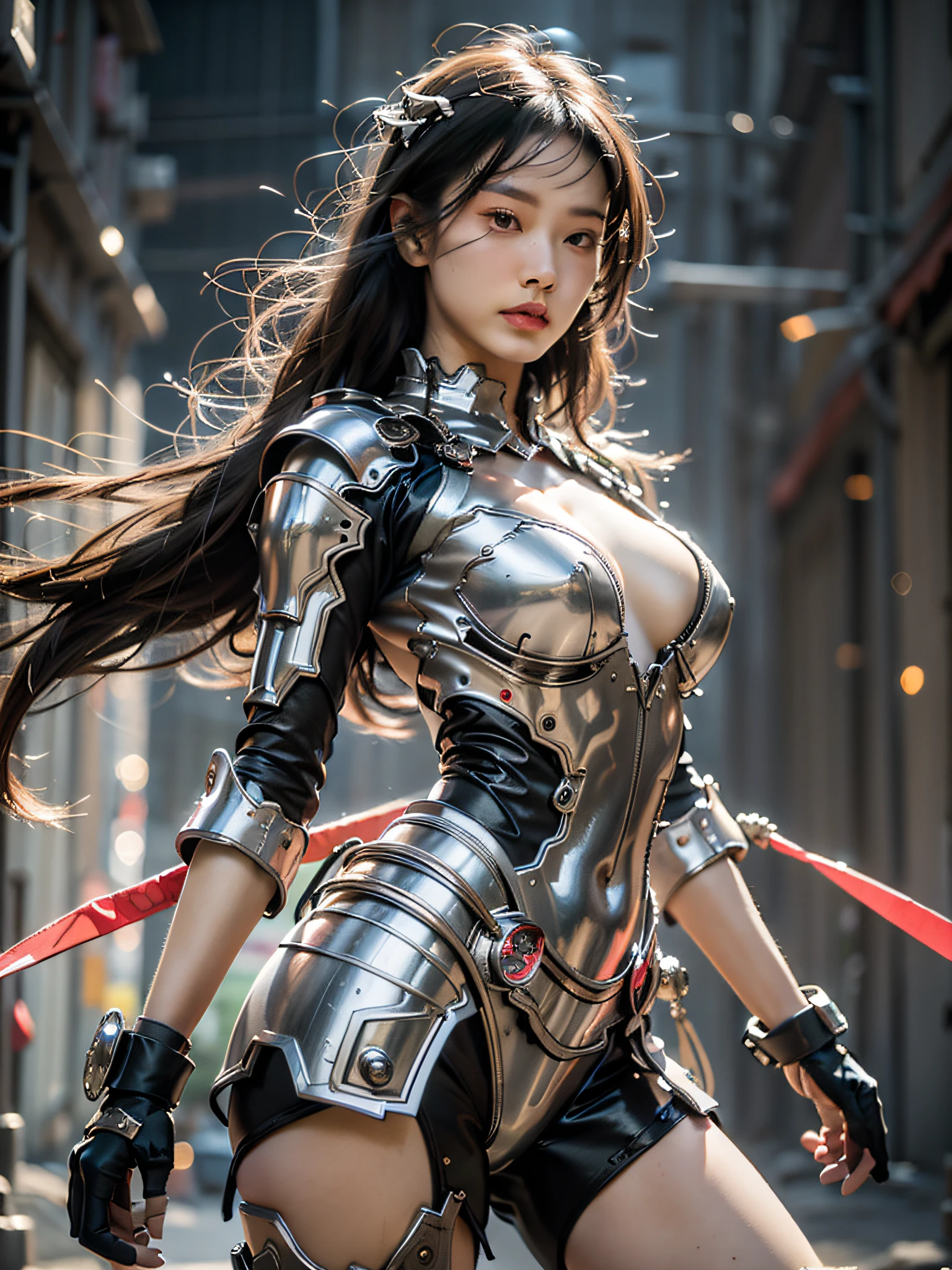 Best quality at best,tmasterpiece,超高分辨率,(真实感:1.4),The sword,Detailed details,1girll,Combat posture,cleavage,a beauty girl,Hand-held weapons,mechs,A mechanical,ellegance,Clear focus,gentlesoftlighting,vivd colour,tmasterpiece,