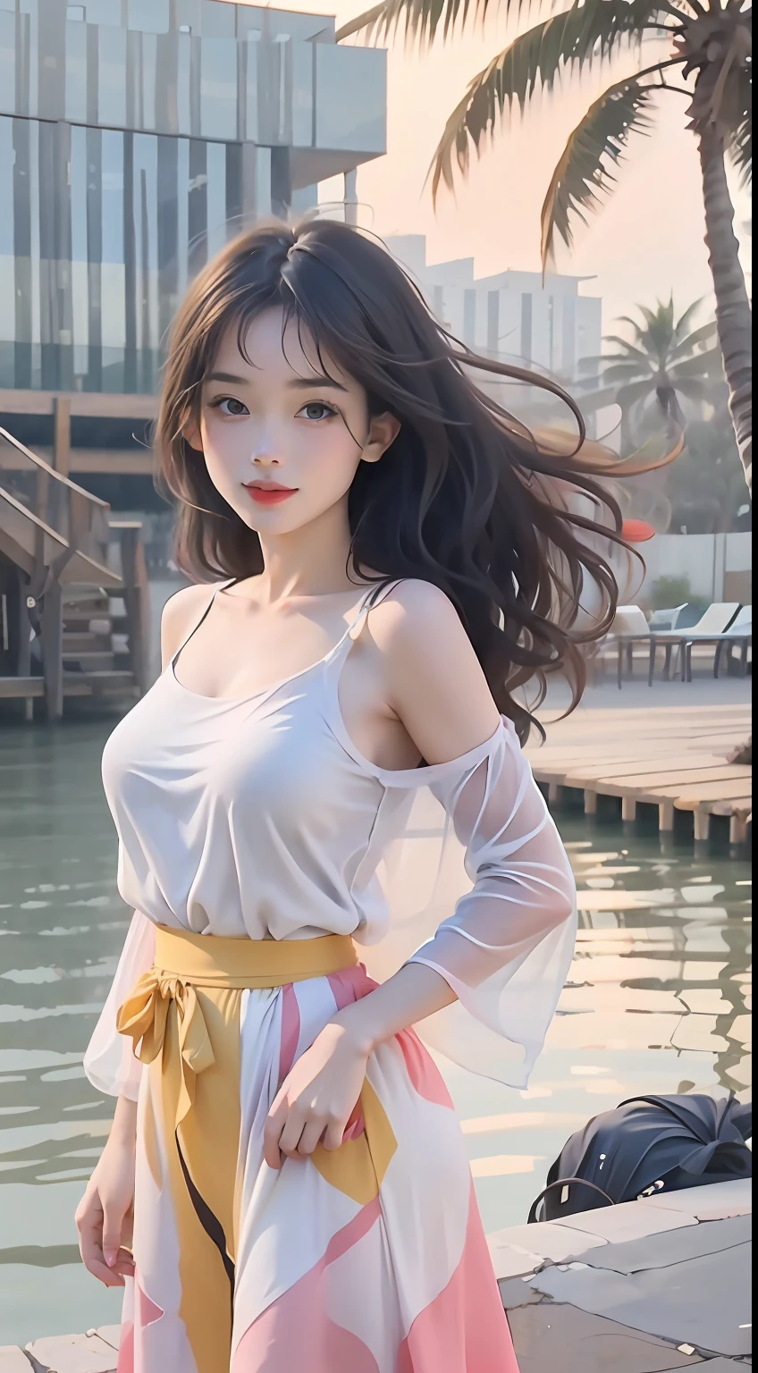art by Cornflower,dream magical,(an beautiful,Teens,Kizi,Blue eyes and long black hair,Dressed in pale yellow,Shiny,longer sleeves,Bare chest,Long skirt swimsuit,Pink big breasts,white and yellow,The heart poses on it,both hands on hip,In front of the beach and bright blue sky,There are clouds inside,Palm trees are in the background on both sides of the picture, And there are a lot of blue and yellow fish swimming in the sea,There were lights flying over the girl)