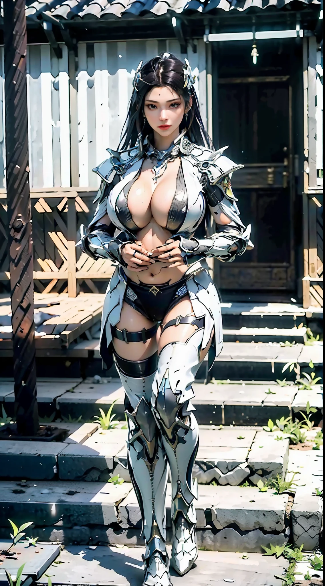 ((Unreal Engine 5)), Realistic Rendering, Excellent, lights on suit armor, (Yoga Pants), looking on viewer, posing walkdown on street, beautiful face, makeup, (photorealism:1.2), ultrarealistic uhd face, (huge fake boobs:1.4), (gigantic breasts:1.1), (muscle abs), (big butt), (wide hips), (thick thighs), slim waist, hourglass figure, half body, ((glowing skin)), ((shiny skin)), Realistic body, ((she is sexy)), ((clean skin)), photorealistic, bokeh, motion blur, masterpiece, highres, 1080P, super detail, textured skin
