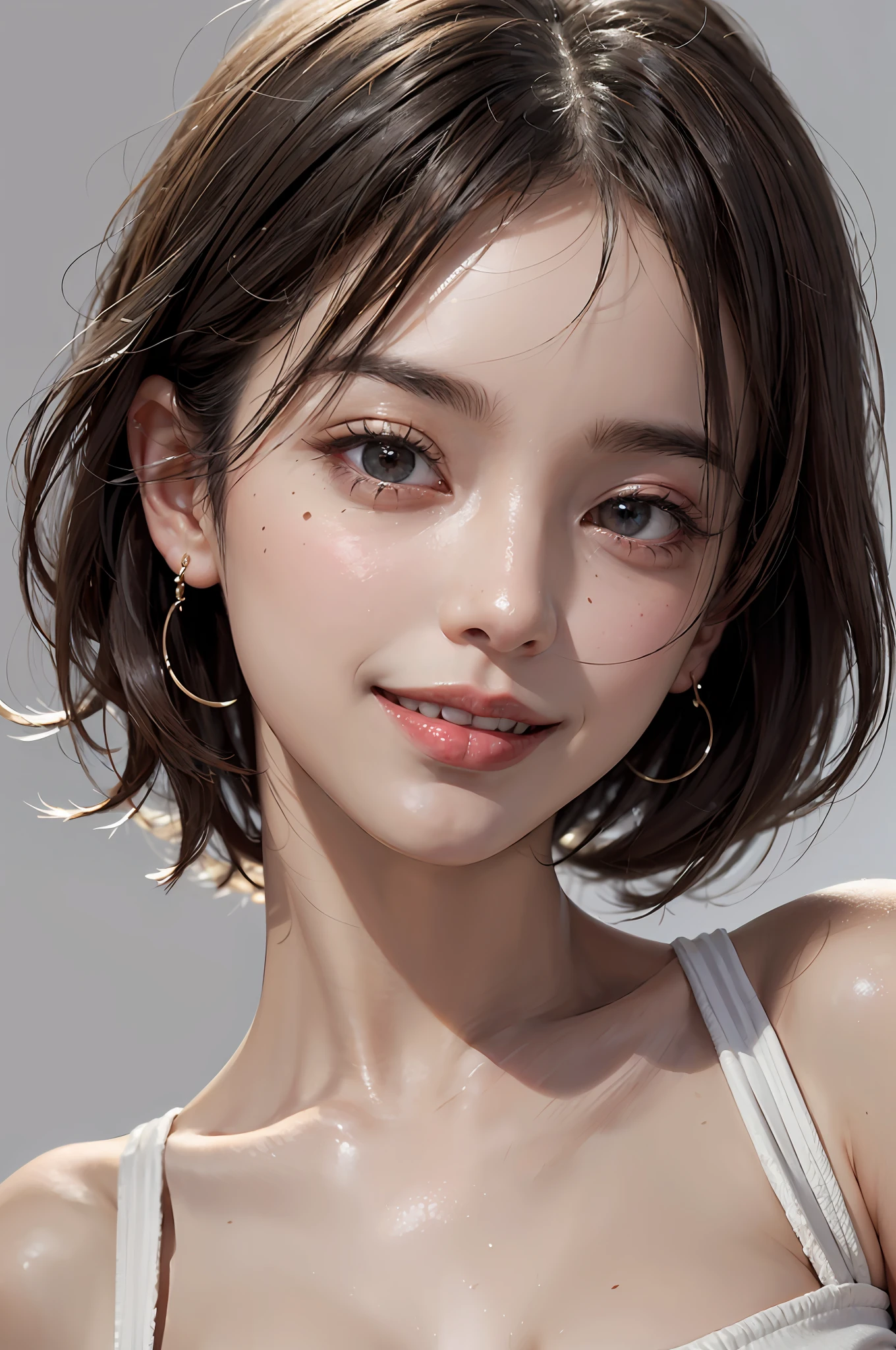 SeaArt Bot Variations 13:44:05 ((Masterpiece, Best Quality, High Definition)), 1 Girl, (Photorealistic: 1.4), Solo, White Background, Pure White Background, Mouth Closed, Happy Smile, Happy Smile, Pretty Black Hair, Short Hair, Big Eyes, Clear Double Eyelids, Eyelashes, Ears Out, Long Neck, Absolute Area, Skirt, ((Face Close-Up) ), (draw all head, shoulders), 19 years old, attractive proportions, shiny skin, clean collarbone, face in golden proportions, perfect face, tearful mole, mole on chest, bangs, clean bangs, lip gloss, thin lips, white skin, naked, big breasts