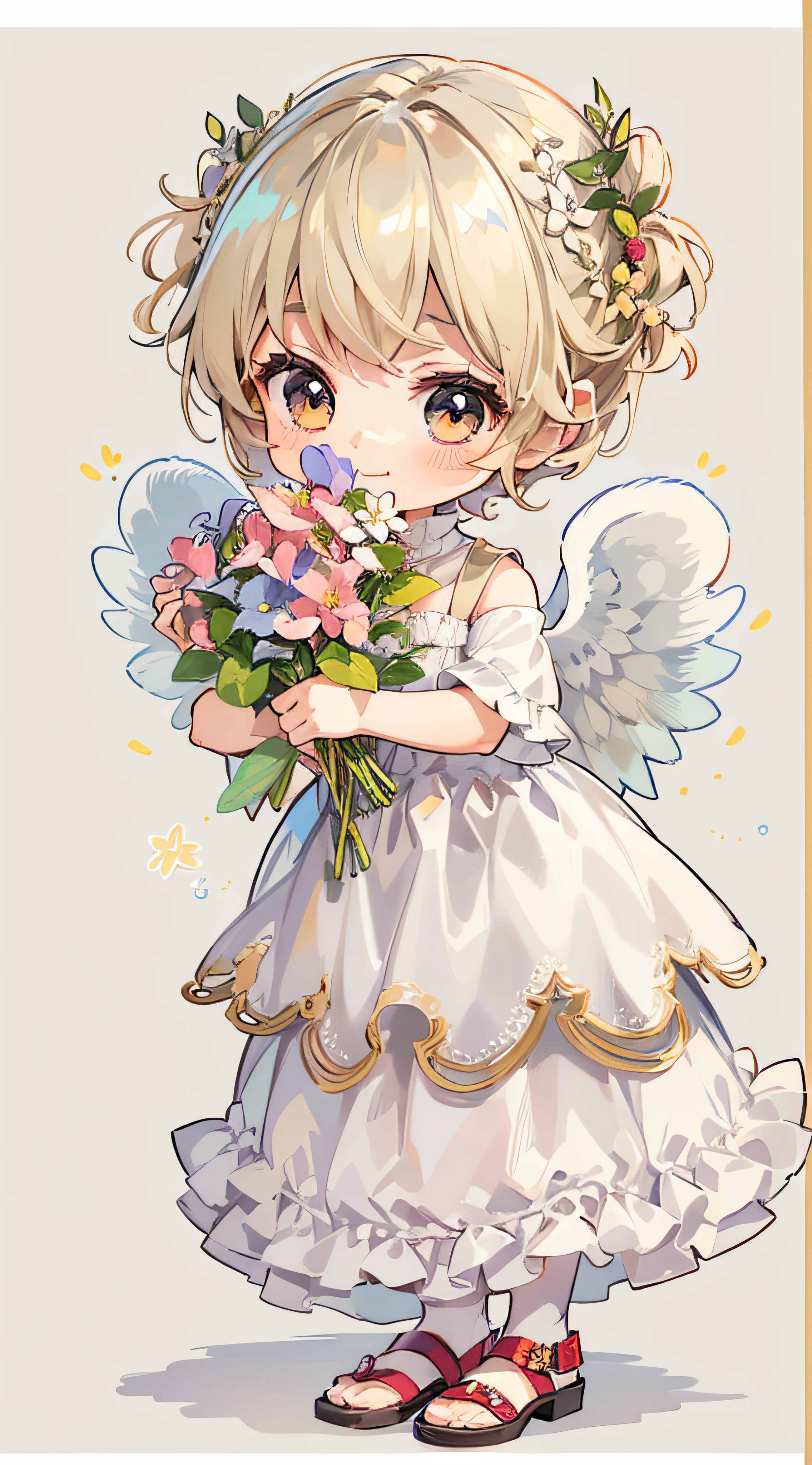 Little Angel, estilo chibi, With angel wings, Gentle smile, holding a flower, Vintage Long Dresses、colorfull dress, Isolated on plain white background, Show full body