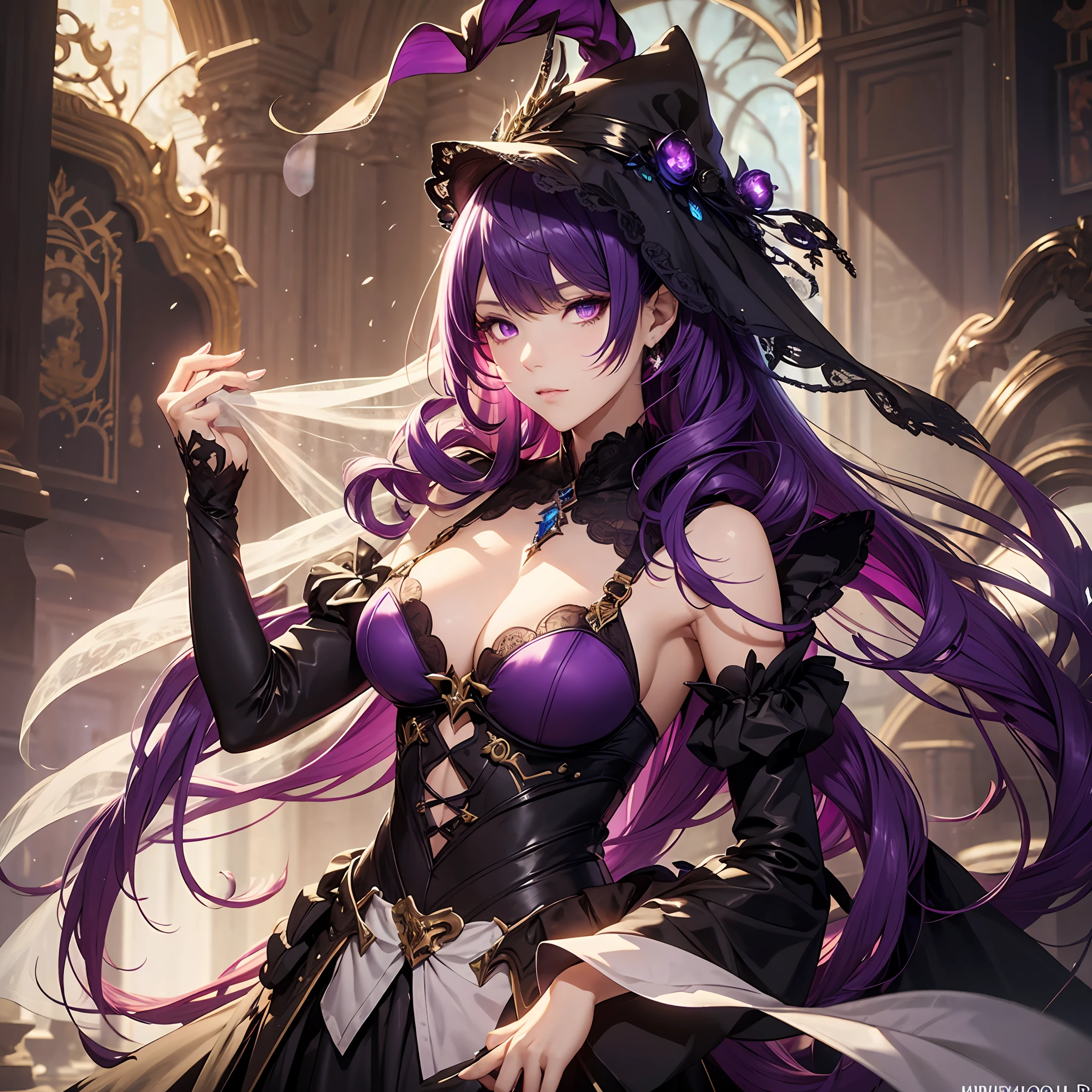 masterpiece, best quality, 1woman, adult, female focus, solo, long dark purple hair, vibrant purple eyes, looking at viewer, closed mouth, Fantasy aesthetics, Highly detailed, shadowverse style, demonic attire, necromancer, veil