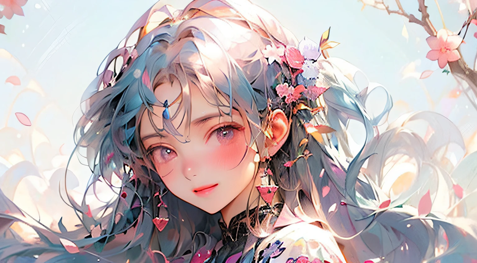1girll,Genie Style,Lake blue flowing hair,double ponytails,(ssmile:0.98),Cute Genie Style,Gorgeous and sexy dresses,Opaque clothing,Modern and trendy clothes,Deep V Color,Lace,Sexy clothes,The highest image quality,Top masterpieces,High- sharpness,8k wallpaper,flat-chest,Pink cherry blossoms hang from the head,SakuraNS,Thoracic stunted growth,breasts are super small,Bright pink background,The main character occupies the proportion of the picture: 0.6、piano、