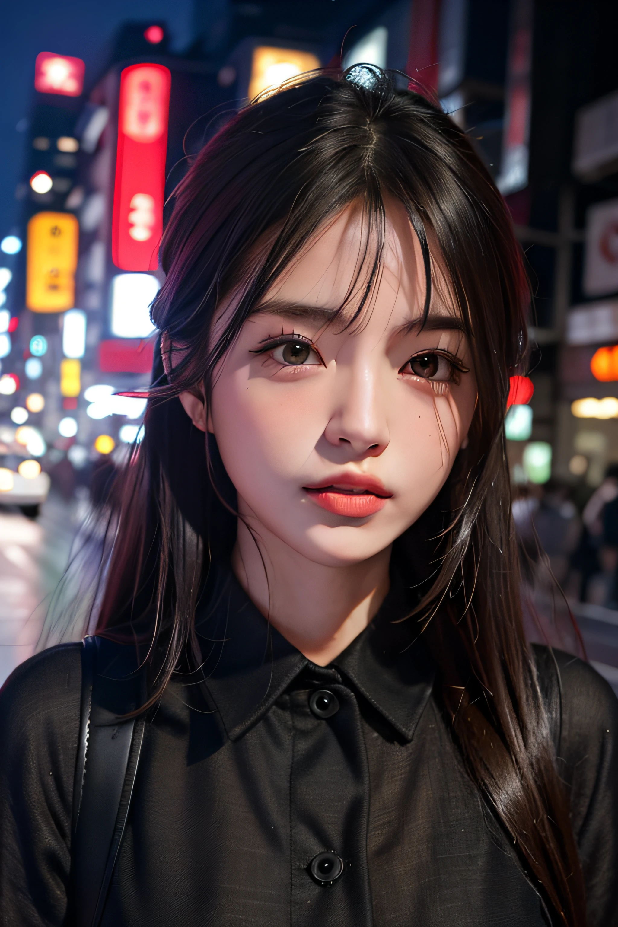 1girl, Tokyo street,night, cityscape,city lights, upper body,close-up, 8k, RAW photo, best quality, masterpiece,realistic, photo-realistic,