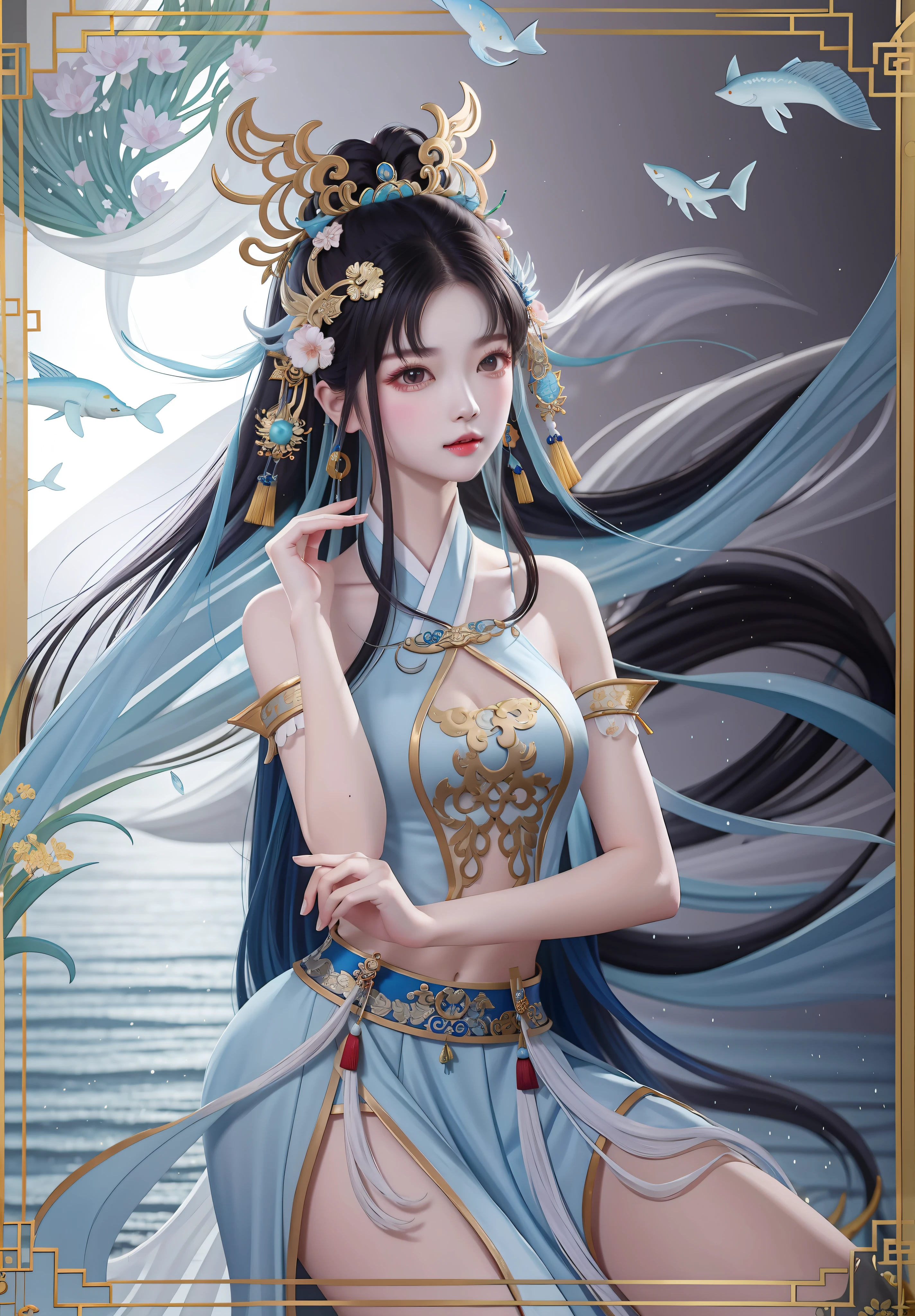Woman in blue dress on full moon, inspired by Du Qiong, Inspired by Lan Ying, Beautiful character painting, full-body xianxia, queen of the sea mu yanling, Inspired by Qiu Ying, Inspired by Li Tang, inspired by Ju Lian, a beautiful fantasy empress, inspired by Zhao Zuo,There are no ornaments on the hands,Bare shoulders, Belly button legs,White legs