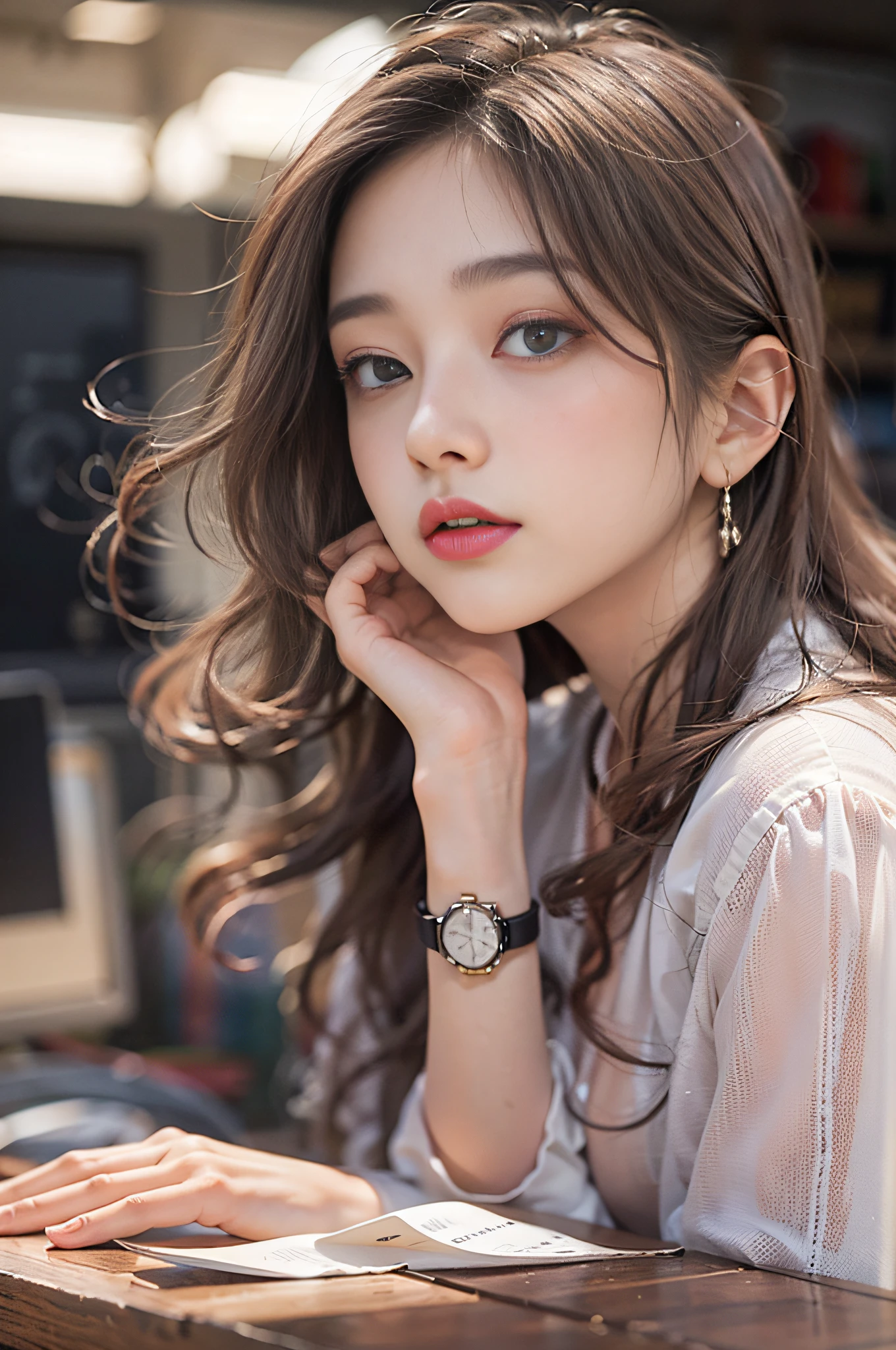 Top image quality、Raw photography、超A high resolution、17-year-old Korean、big round chest、Formal shirts、Chic shirt、Formal Office Skirt、fair white skin、shiny white skin、Beautiful eyes with random colors、beautiful eyes finely detailed、elongated eyes、pale pink blush、long eyeslashes、beautiful double eyelid、eyeshadows、Glowing brown hair、luxury watch、Big desk of the president of a large company、Large corporate offices、Quality furniture
