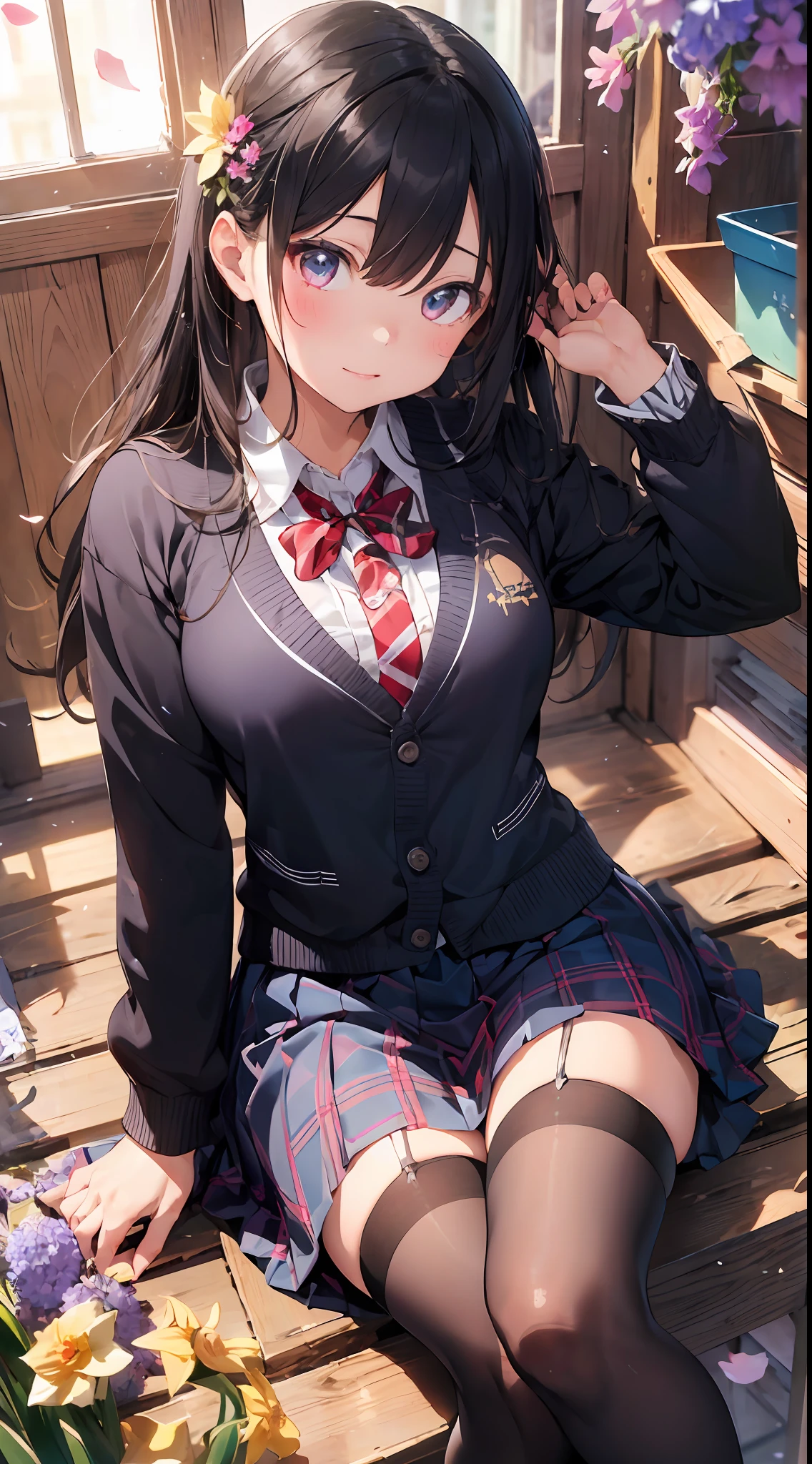 ((masterpiece, best quality)), 1girl, beautiful detailed eyes, ruby eyes, school uniform, skirt, vivid, flower, daffodil, hyacinth, falling petals, high black stocking