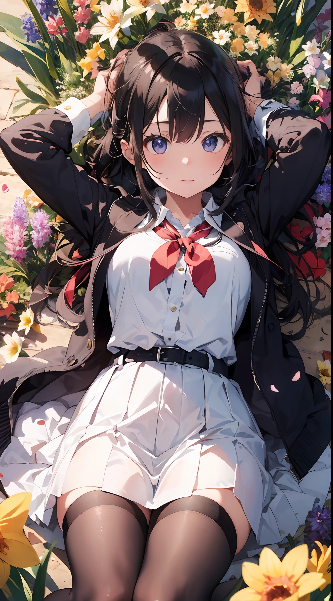 ((masterpiece, best quality)), 1girl, beautiful detailed eyes, ruby eyes, school uniform, skirt, vivid, flower, daffodil, hyacinth, falling petals, high black stocking