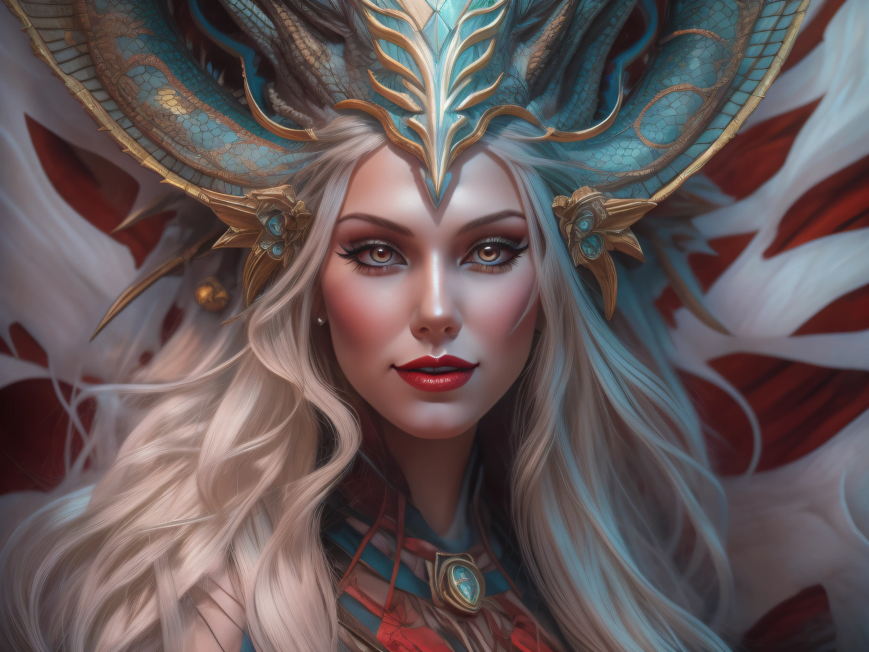 very complex hyper-maximalist overdetailed cinematic tribal fantasy closeup macro portrait of a heavenly beautiful young royal dragon queen with long platinum blonde windblown hair and dragon scale wings, Magic the gathering, pale wet skin and dark eyes and red lipstick ,flirting smiling passion seductive, vibrant high contrast, by andrei riabovitchev, tomasz alen kopera,moleksandra shchaslyva, peter mohrbacher, Omnious intricate, octane, moebius, arney freytag, Fashion photo shoot, glamorous pose, trending on ArtStation, dramatic lighting, ice, fire and smoke, orthodox symbolism Diesel punk, mist, ambient occlusion, volumetric lighting, Lord of the rings, BioShock, glamorous, emotional, tattoos,shot in the photo studio, professional studio lighting, backlit, rim lighting, Deviant-art, hyper detailed illustration, 8k