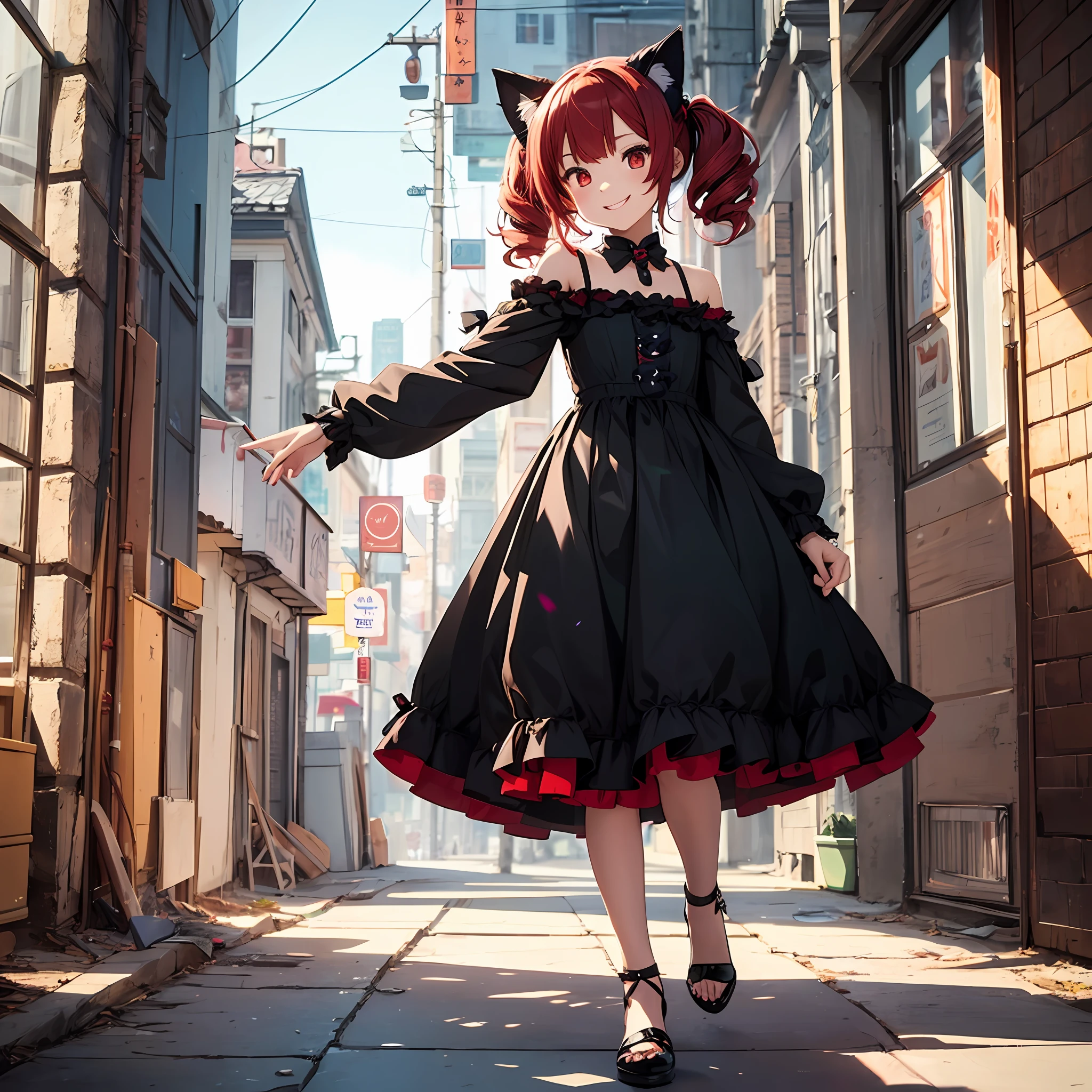 Anime filling,Two-dimensional illustration,Red hair,Half Twin Tail,shorth hair,Big eyes,A smile,a beauty girl,cute little,Super Cute,Black cat ears,Red Eyes,Ruffled Clothes,Black lace clothes,Inner colorGreen,One girl,Full body painting,2D art masterpiece --auto