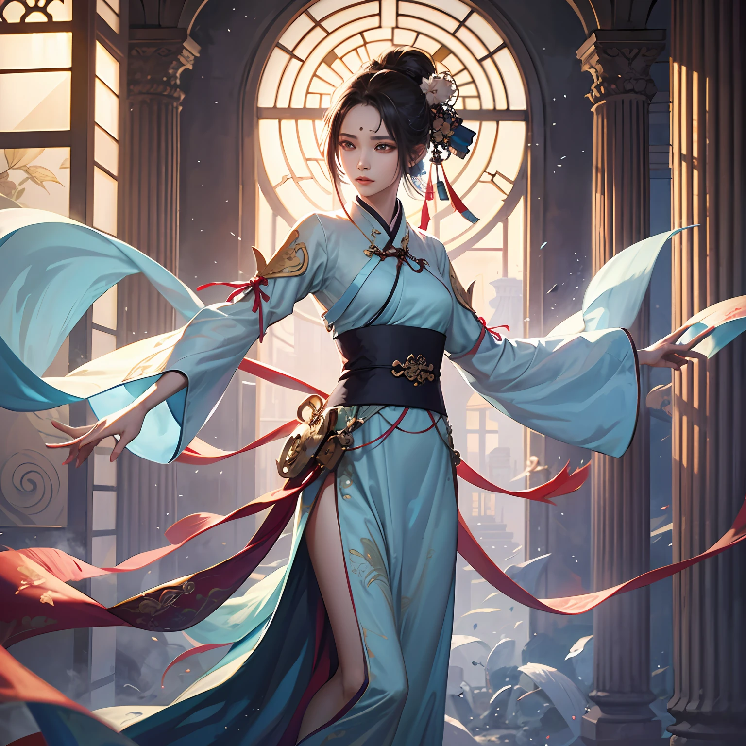 Textured skin,hyper HD,A high resolution,the detail,Hanfu(#Hanfu),Kizi(#Kizi)Scroll in hand,standing at(#Carved windows)antigo,in full bloom(#violaceaess)。 --auto