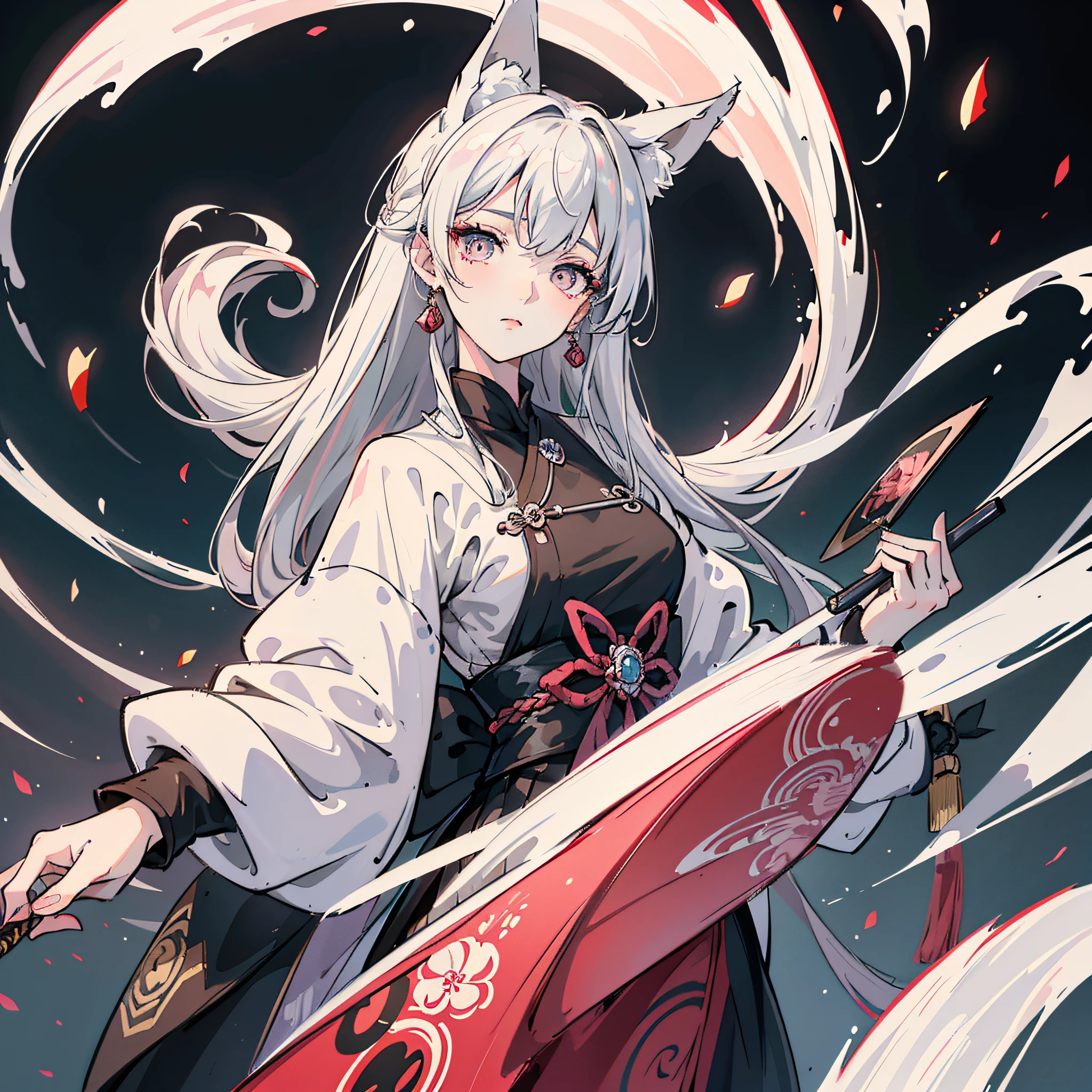 Masterpiece, Best quality, Night, full moon, 1 girl, Mature woman, Chinese style, Ancient China, sister, Royal Sister, Cold expression, Expressionless face, Silver white long haired woman, Light pink lips, calm, Intellectual, tribelt, Gray pupils, assassins, short knife, flower ball background, Stroll through the street view，white hair, mini top hat, mole under eye, amber eyes, longeyelashes, color contact lenses, wide-eyed, fox ears, yandere, excited, stereogram, UHD, masterpiece, high details, highres, best quality, super detail --auto