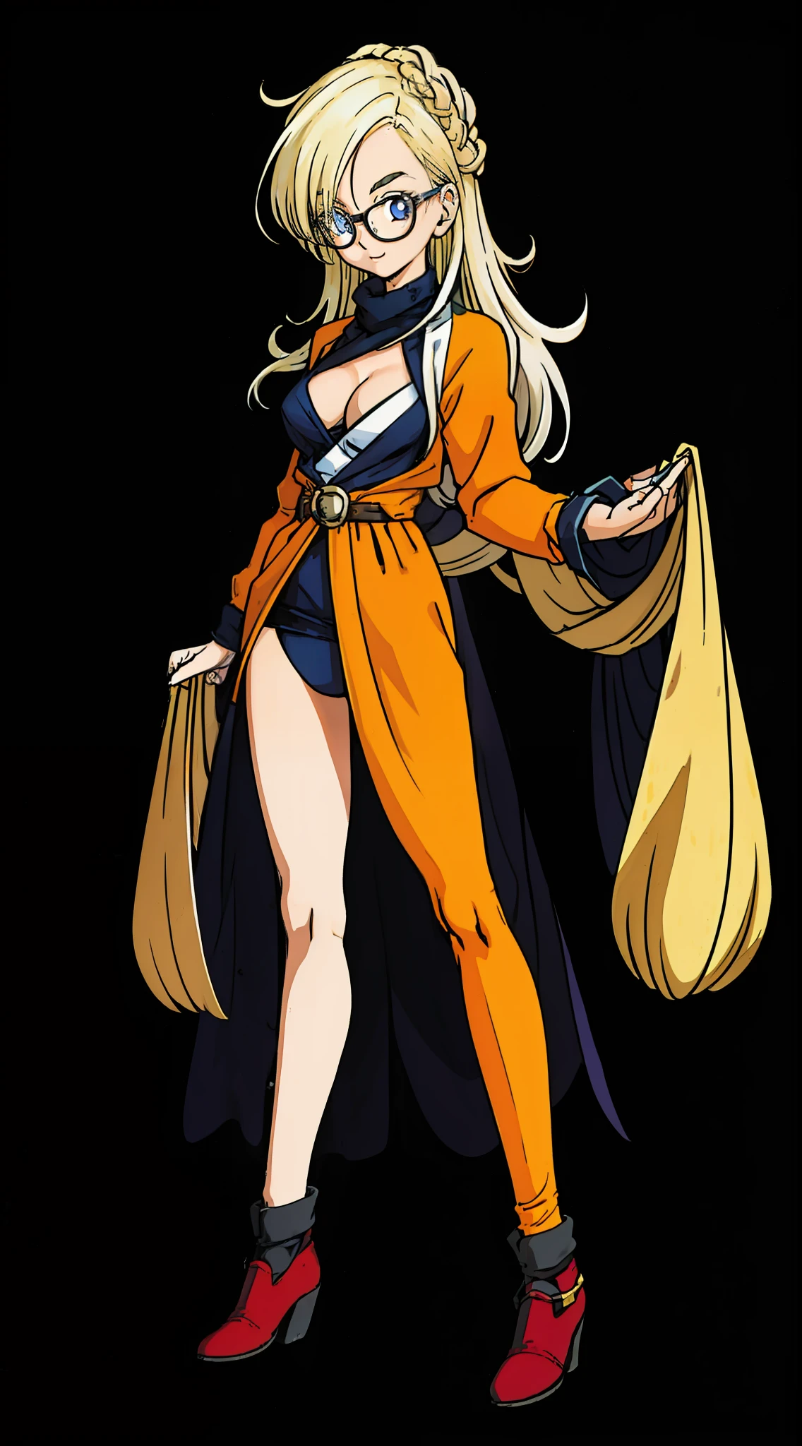 Big Tits. Anime Girls. Anime-style eyes. Setting picture. Perfect pupil. Solo. Highest Quality, It features a simple_Background,girl, Woman, Female, Young,20 years old, Long hair, flipped hair, Bangs, Blonde hair, messy long hair, tusk, Glasses, Black eyes、Unkempt hair、toriyama akira,