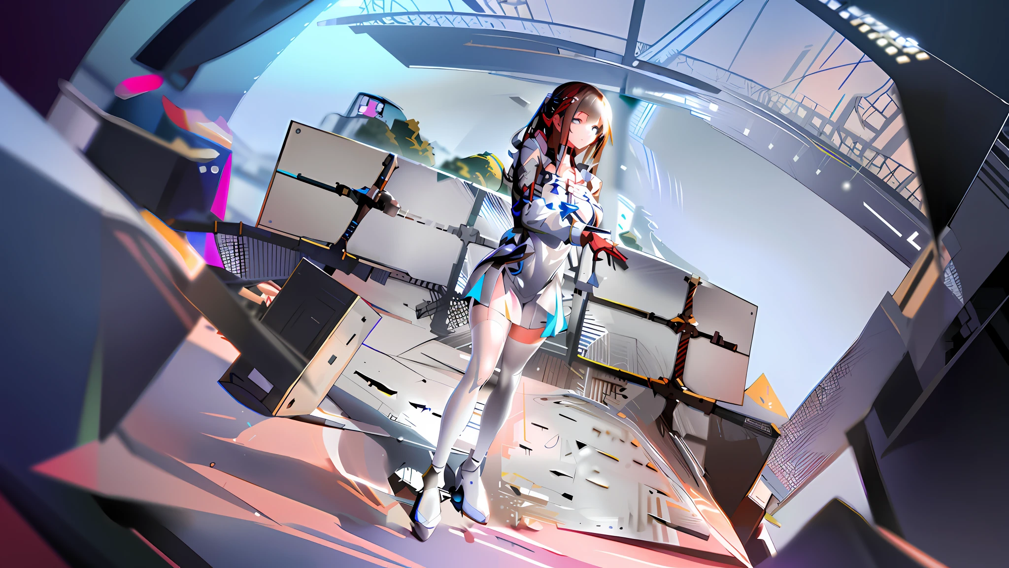 A girl in a short skirt and high heels stands in the center of the stage, Pisif 3DCG, Digital art on Pisif , [ 4 K digital art ]!!, Kushatt Krenz Key Art Women, Pisif Contest Champion, Makoto Shinkai. a digital rendering, Kantai collection style