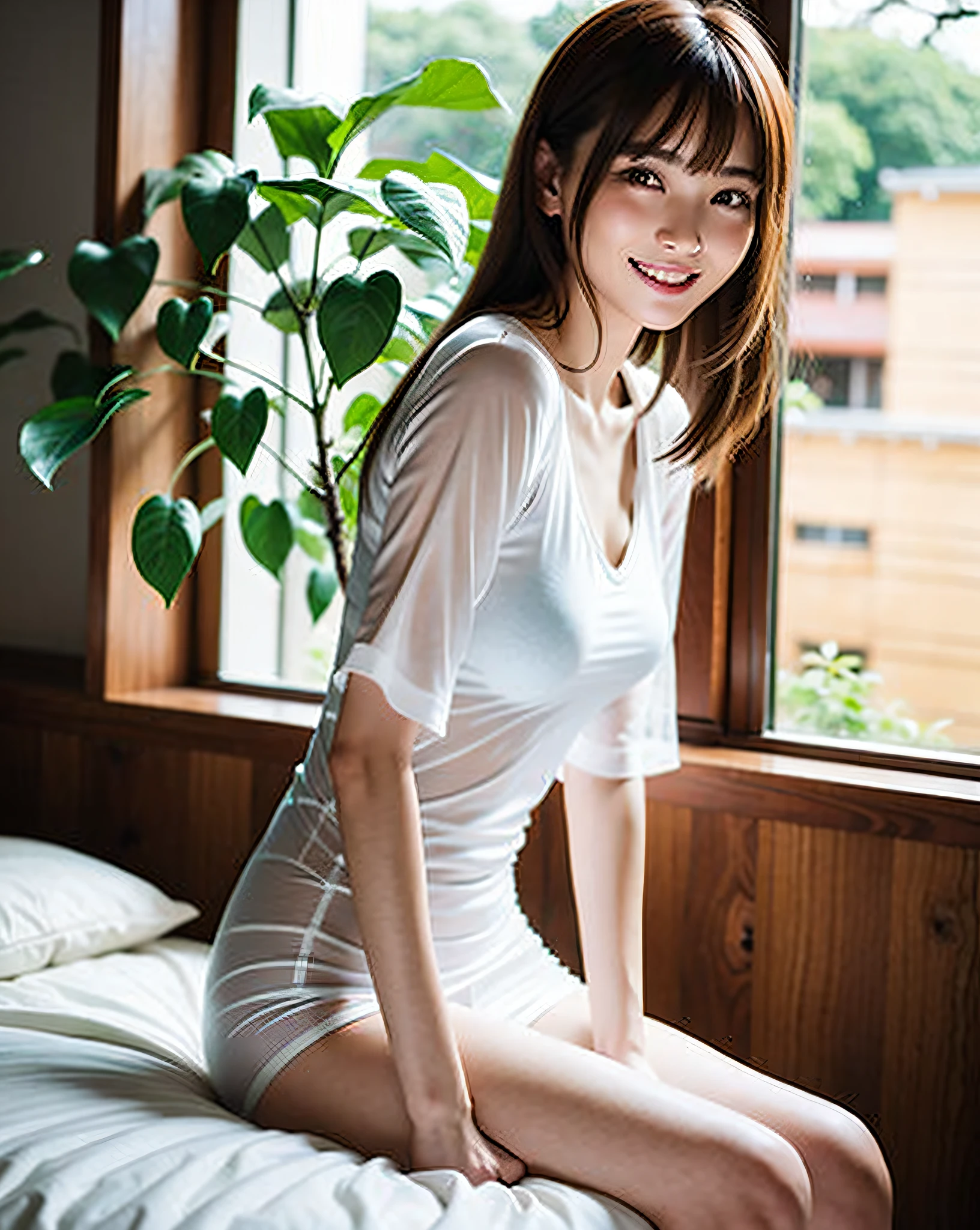 Best quality, 超高分辨率, (Photorealistic:1.4), RAW photo, (upper thigh, From the side Side:0.7), (Bokeh:1.5), (sit on a bed), (in Suite:1.6),window,
1japanese girl, Cute, (Solo:1.6), (Shy smile), (Brown eyes), Smooth skin, (Brown medium hair,bangs),(Small chest),Dainty, (touch hair:1.4),
(off-white transparent clothes:1),