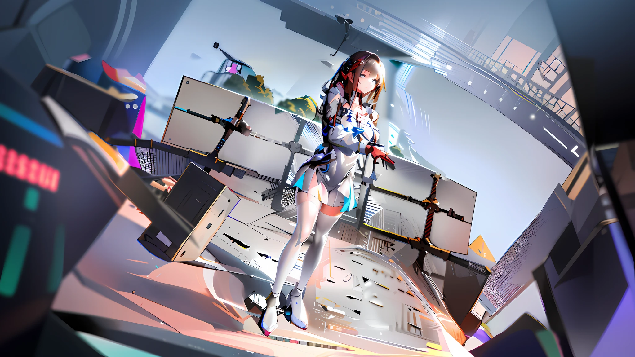 A girl in a short skirt and high heels stands in the center of the stage, Pisif 3DCG, Digital art on Pisif , [ 4 K digital art ]!!, Kushatt Krenz Key Art Women, Pisif Contest Champion, Makoto Shinkai. a digital rendering, Kantai collection style