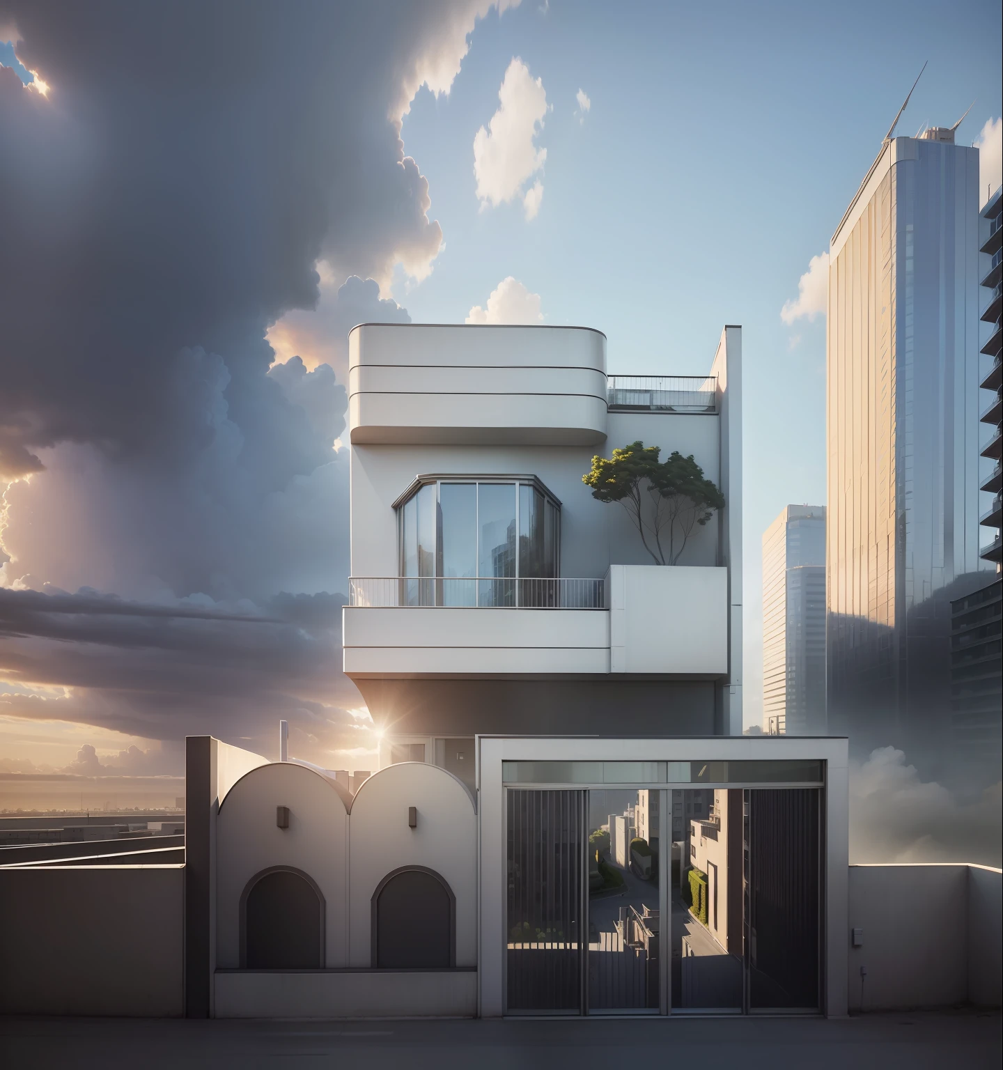 ((Best quality)),((masterpiece)),((realistic)),architecture,highrise,tree,car,blue sky,mordenhouse, house, dynamic (RAW photo, real, best quality, masterpiece:1.2), (hyper realistic, photo-realistic:1.2), high quality), perfect lighting,hdr, (city:1.3), dramatic light, archdaily