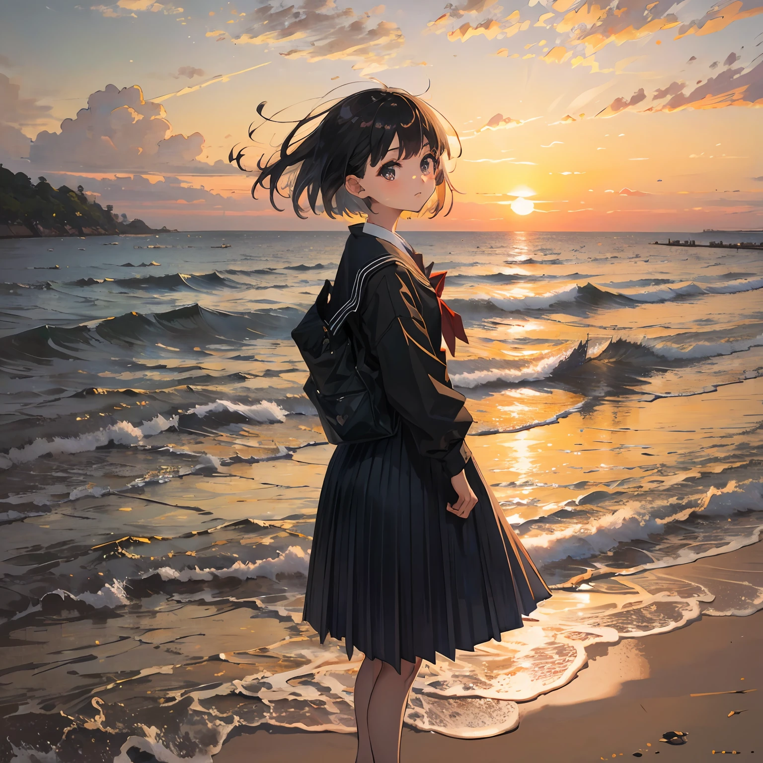 schoolgirls,short detailed hair,whaite hair,largeeyes,比基尼,sea beach,the sunset,full-body view --auto