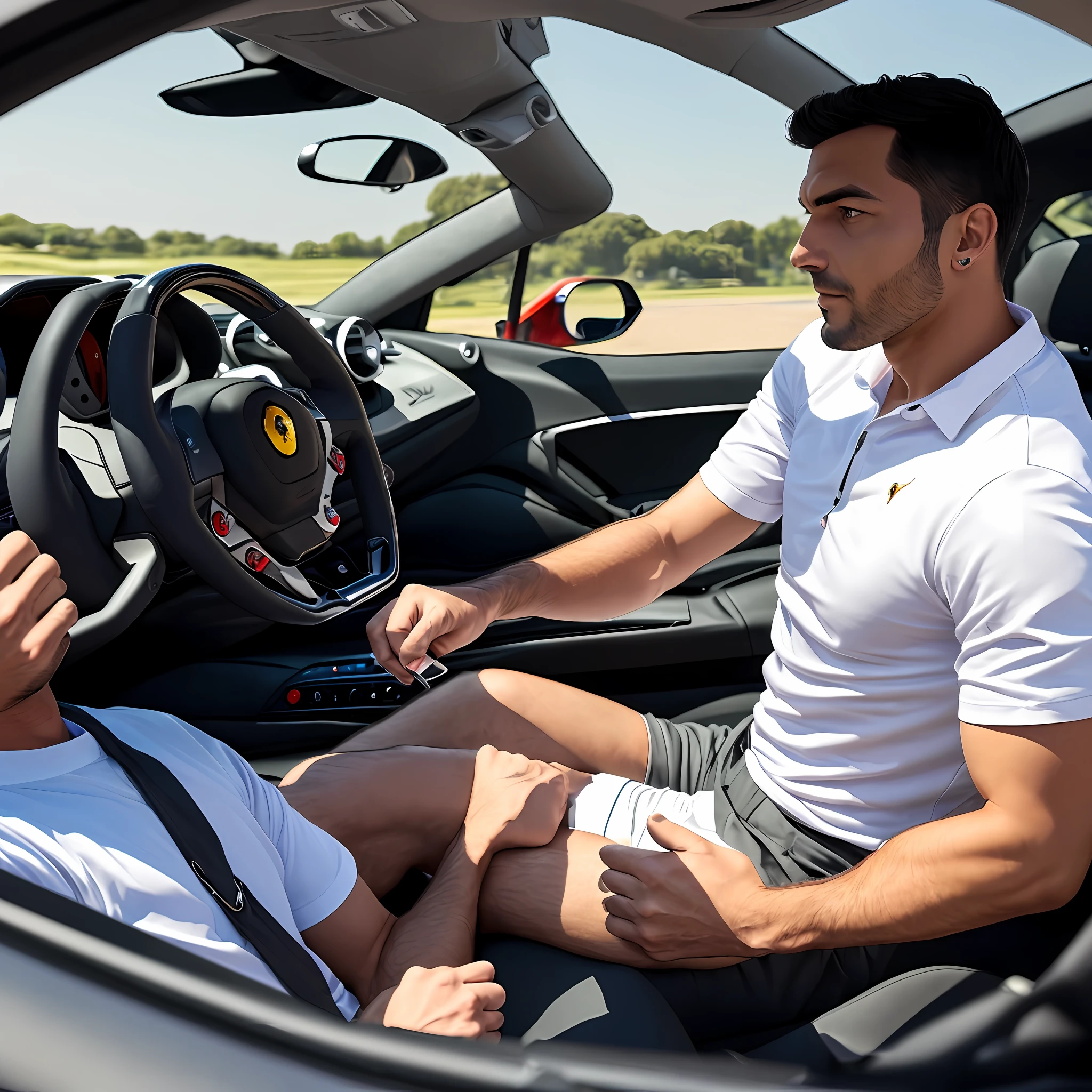 A man wearing shorts and short sleeves driving a Ferrari --auto
