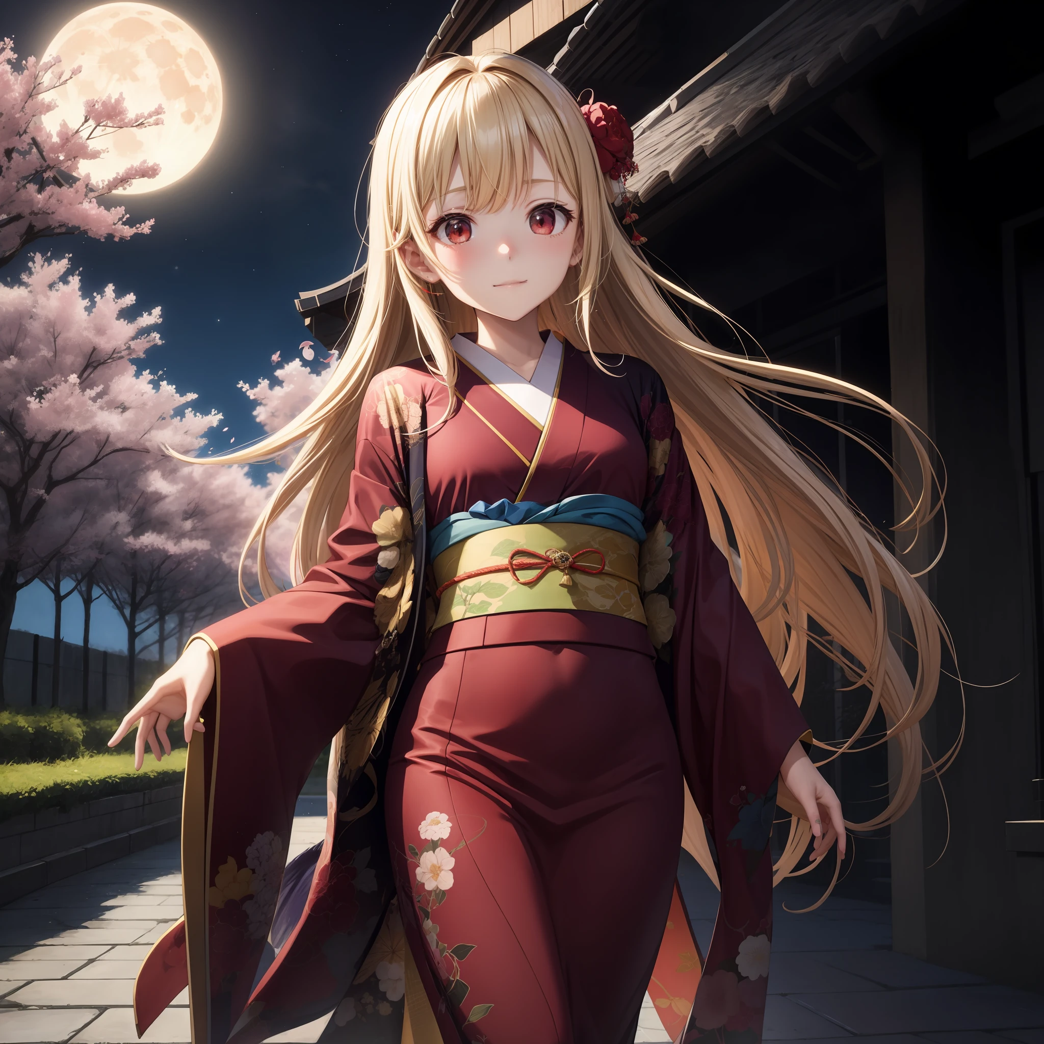 animesque、One blonde girl with red eyes、Bright red kimono、cherry trees、a moon、natta
