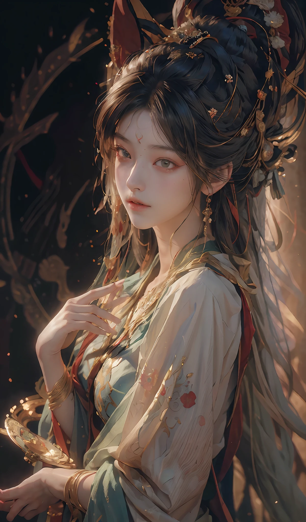 (RAW photo, best quality), (realistic, photo-realistic:1.3),best quality,highly detailed,masterpiece,ultra-detailed,illustration,1girl,upper_body,dynamic angle,world masterpiece theater,messy_long_hair,best quality,extremely detailed CG unity 8k wallpaper,ink,Amazing,cinematic lighting,lens_flare, dunhuang_style