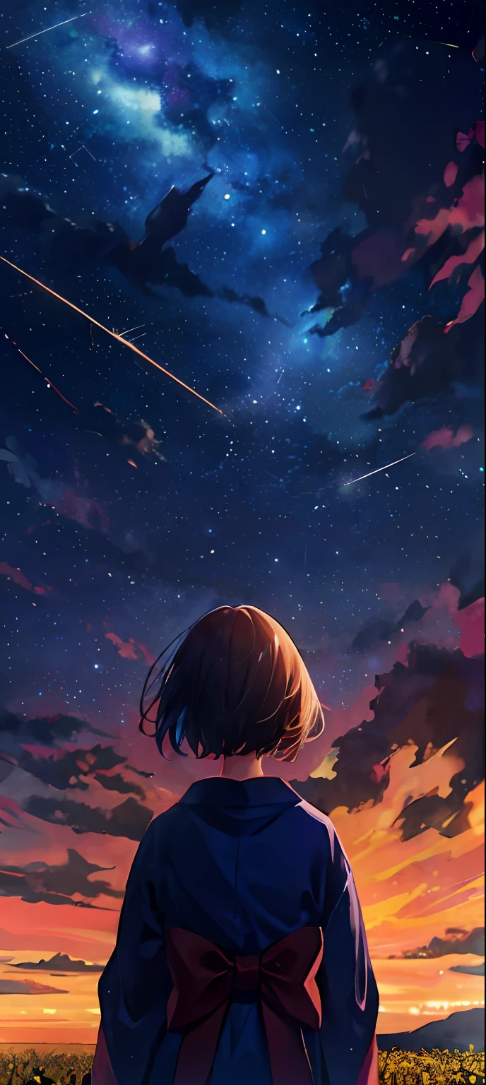 1girl，A distant girl gazing at the stars in a dress，（zoomout：1.1），（meteor shower：1.2），（comets：1.1），Your name，low angles，From behind，aurora borealis，meteors，bathrobe，red kimono，SakuraNS，standing in a field，Best quality at best，tmasterpiece，​​clouds，Colorful，Starry，As estrelas，