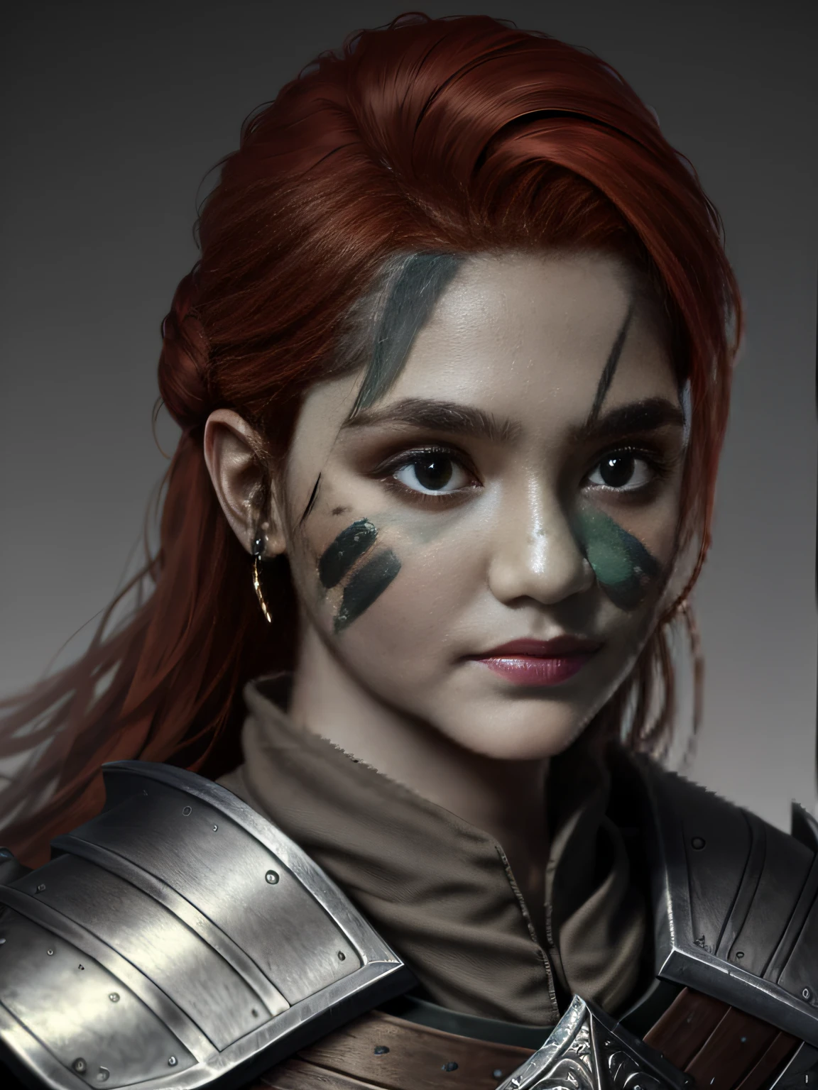 masterpiece, best quality, octane render, intricate detail, Aela, 3 lines war paint, insanely detailed eyes, beautiful face, detailed dark red hair, skin pores,