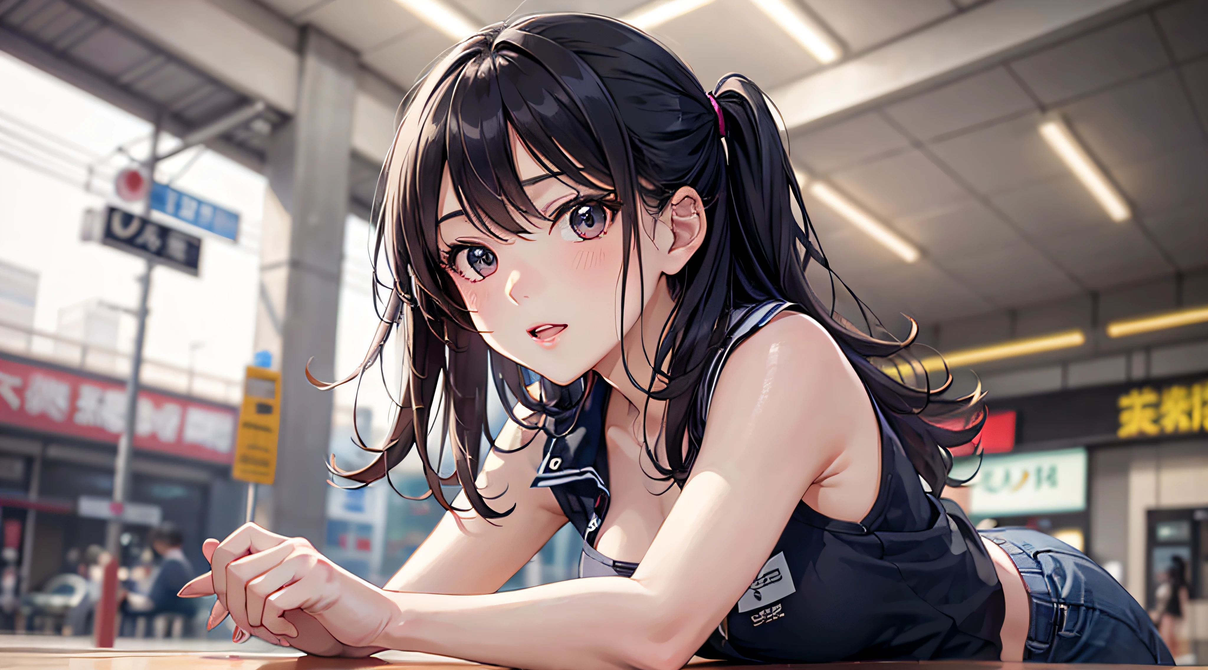An Asian woman sitting cross-legged on the ground, a girl, realistic young gravure idol, a Japanese schoolgirl posing, cute girl wearing tight simple clothes, UHD frank photos dirty, a beautiful anime girl, set in a Tokyo Bank parking lot, tight outfit, perfect expression, girl resting, young gravure idol, young skinny gravure idol