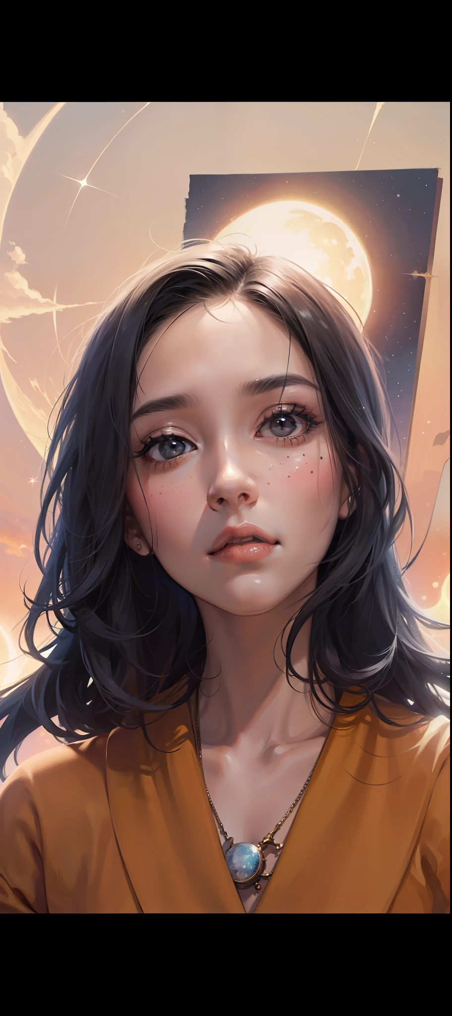 surreal), (illustration), (high-res), (10), (Very detailed), (Ultra-radiant pores), (best illustration), (Dynamic short black hair), (Beautiful and detailed black eyes), (bestquality), (Super Detailed), (master-piece), (wallpaper), (detailed face), bara,looking at the audience, (celestial), (zodiac), (moon), (star), (sun), (night sky),