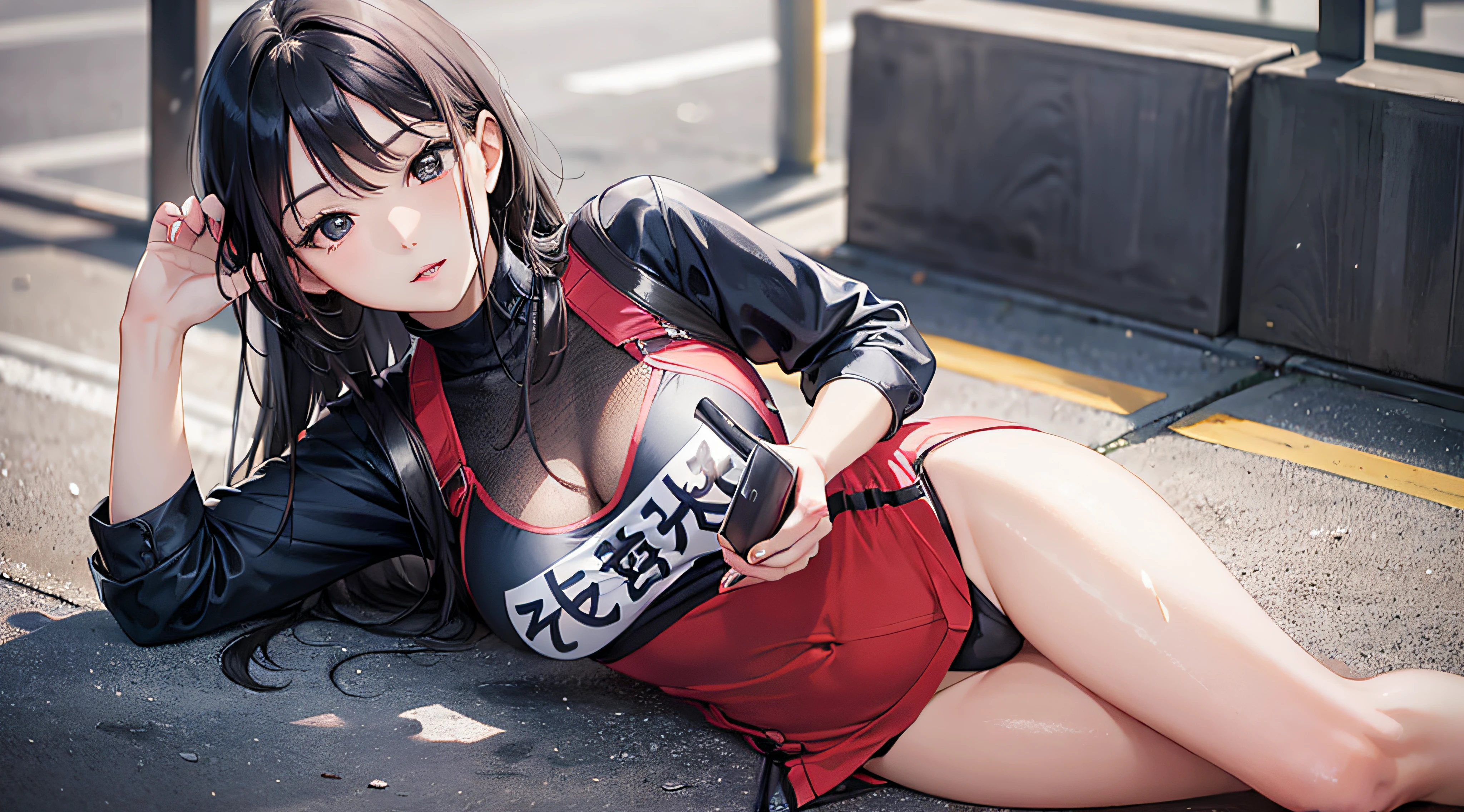 An Asian woman sitting cross-legged on the ground, a girl, realistic young gravure idol, a Japanese schoolgirl posing, cute girl wearing tight simple clothes, UHD frank photos dirty, a beautiful anime girl, set in a Tokyo Bank parking lot, tight outfit, perfect expression, girl resting, young gravure idol, young skinny gravure idol