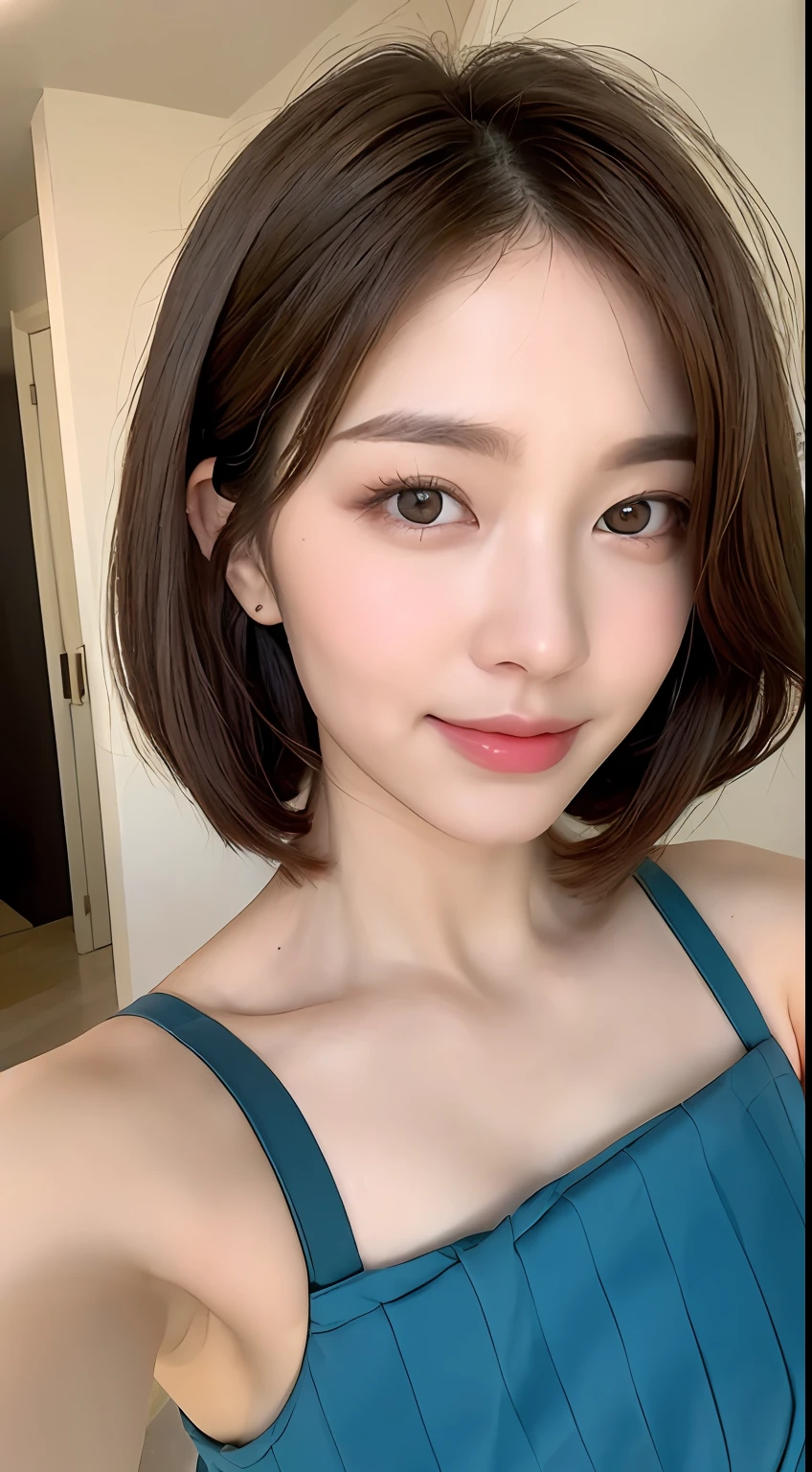 ((Best Quality, 8K, Masterpiece: 1.3)), 1 Girl, Slim Abs Beauty: 1.3, (Hairstyle Brown Hair Shortcut, Big: 1.2), Dress: 1.1, Super Slender Face, Delicate Eyes, Double Eyelids, Smile, Home, Raw Photo