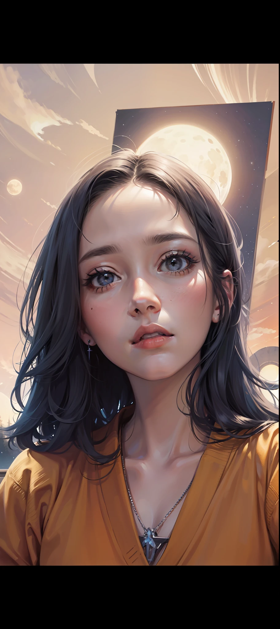 surreal), (illustration), (high-res), (10), (Very detailed), (Ultra-radiant pores), (best illustration), (Dynamic short black hair), (Beautiful and detailed black eyes), (bestquality), (Super Detailed), (master-piece), (wallpaper), (detailed face), bara,looking at the audience, (celestial), (zodiac), (moon), (star), (sun), (night sky),